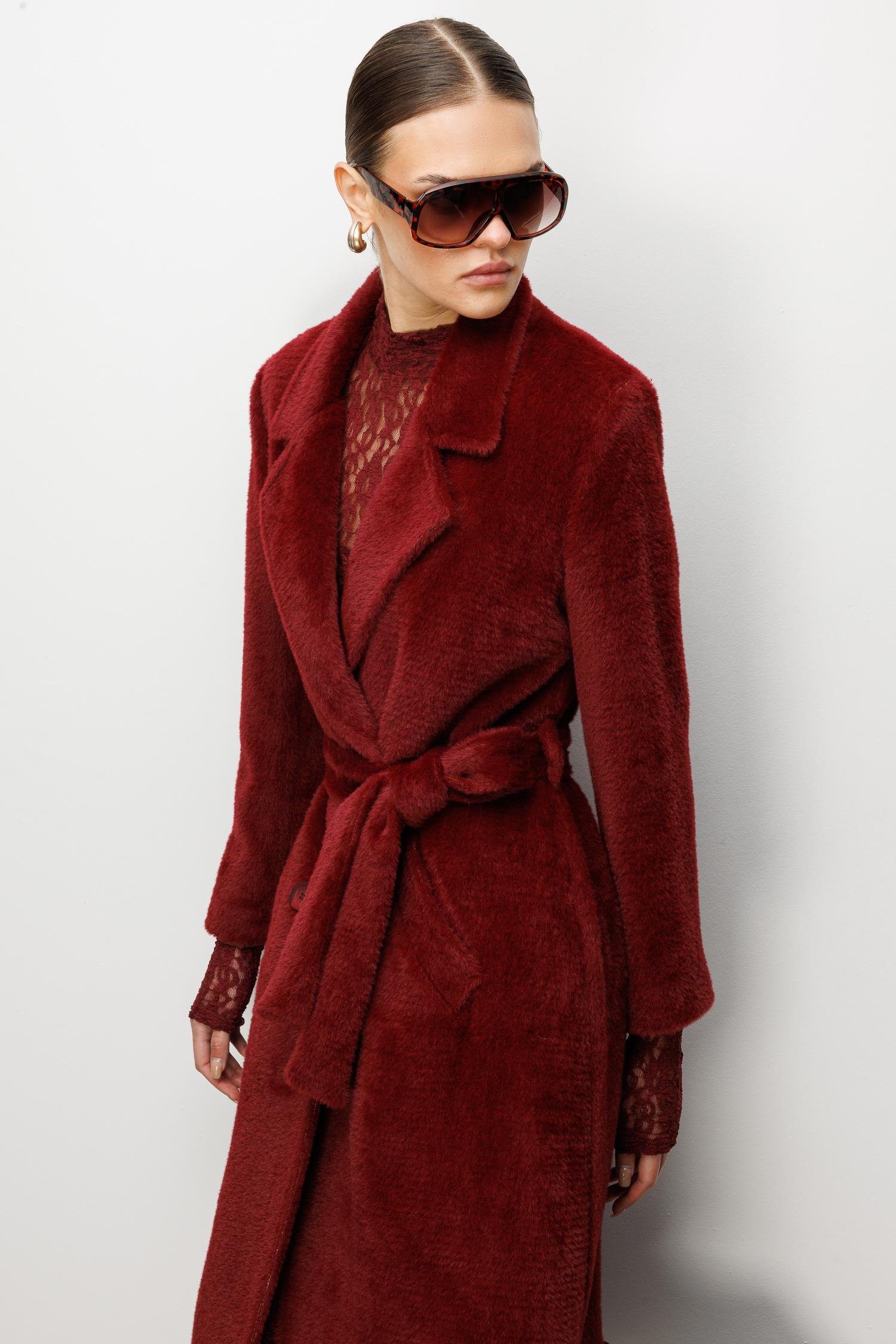 Modailgi  Tay Kumaş Kruvaze Kaban Bordo