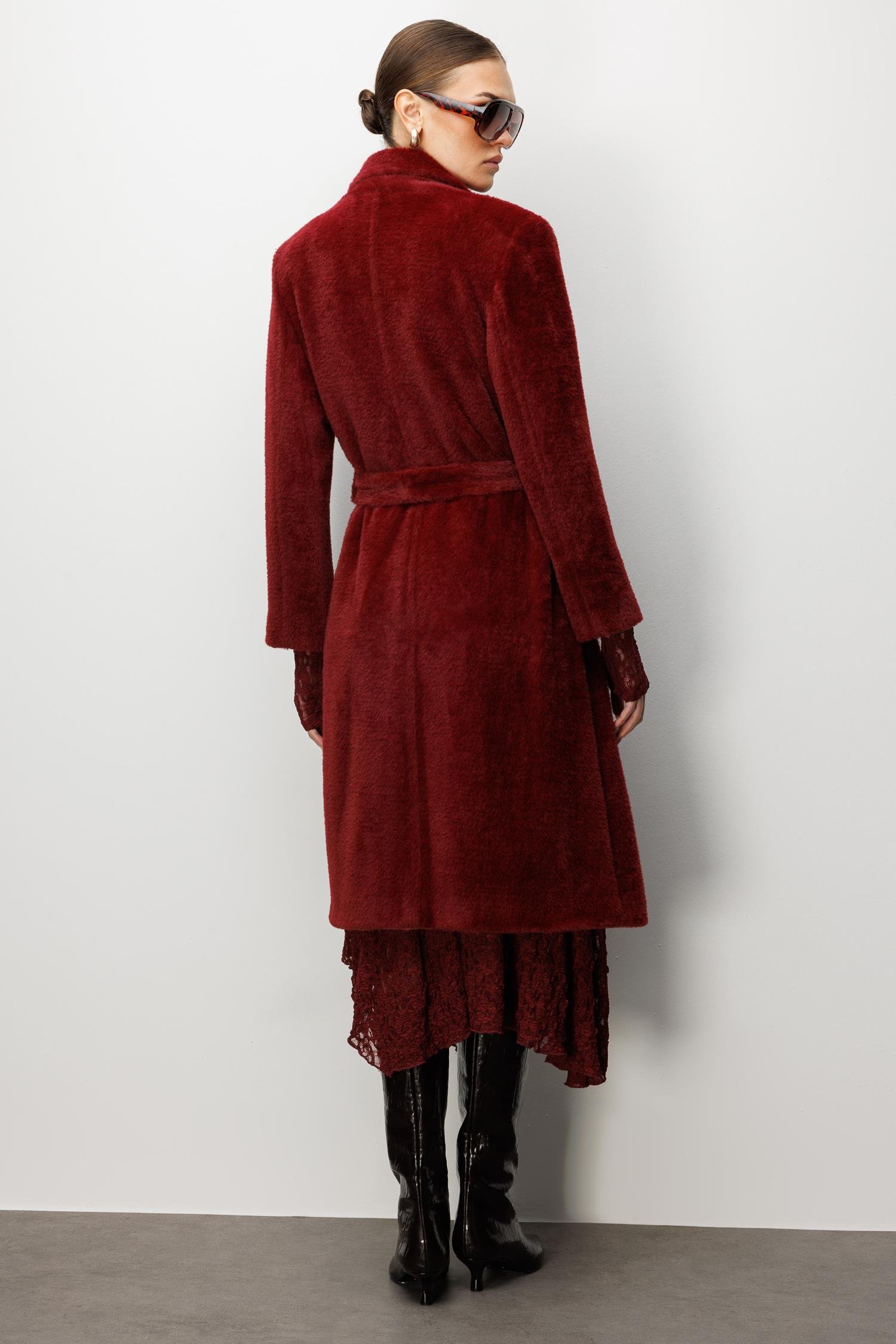 Modailgi  Tay Kumaş Kruvaze Kaban Bordo