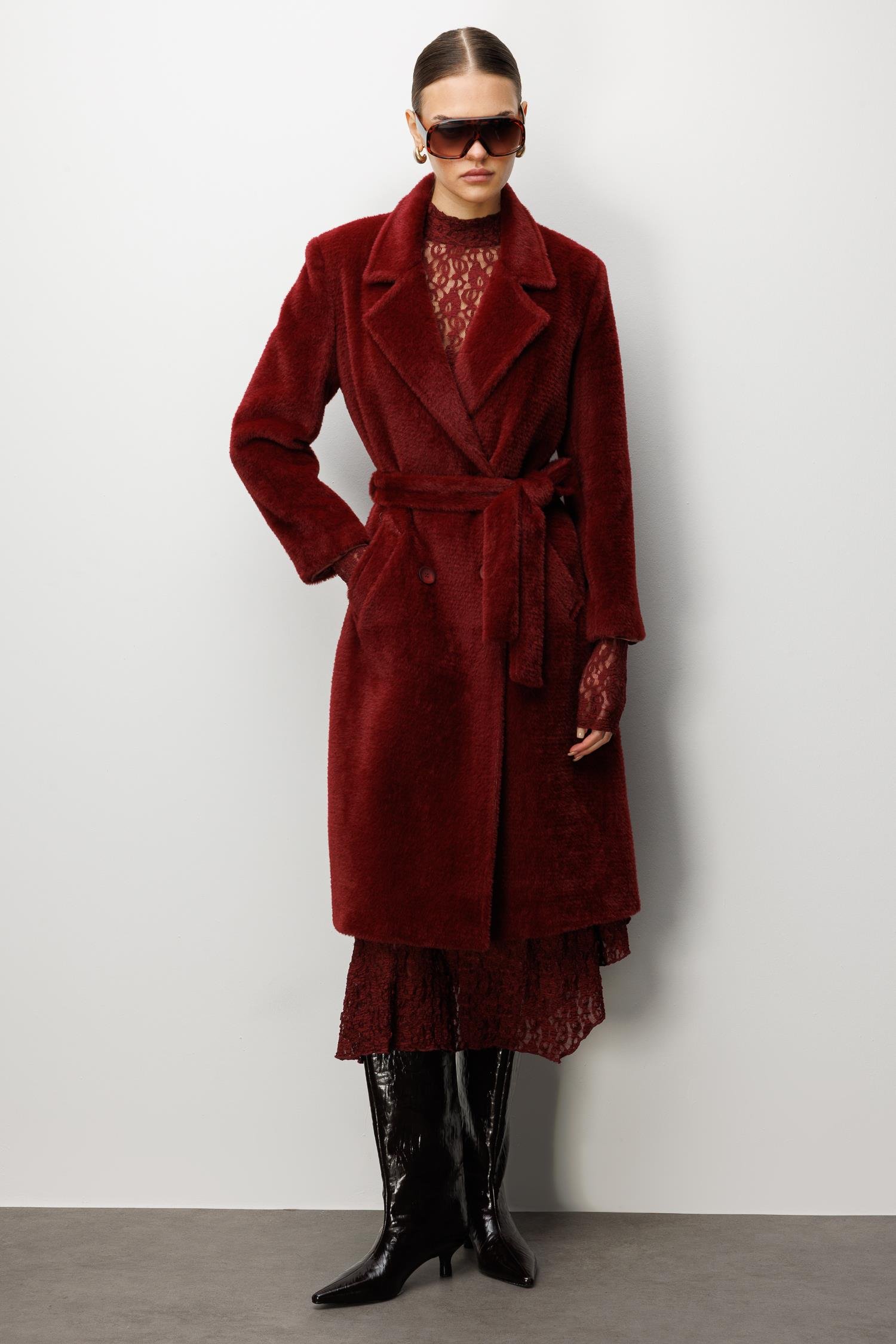 Modailgi  Tay Kumaş Kruvaze Kaban Bordo