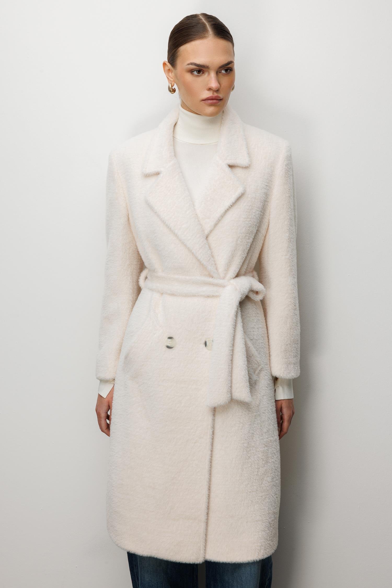 Modailgi  Tay Kumaş Kruvaze Kaban Kemik