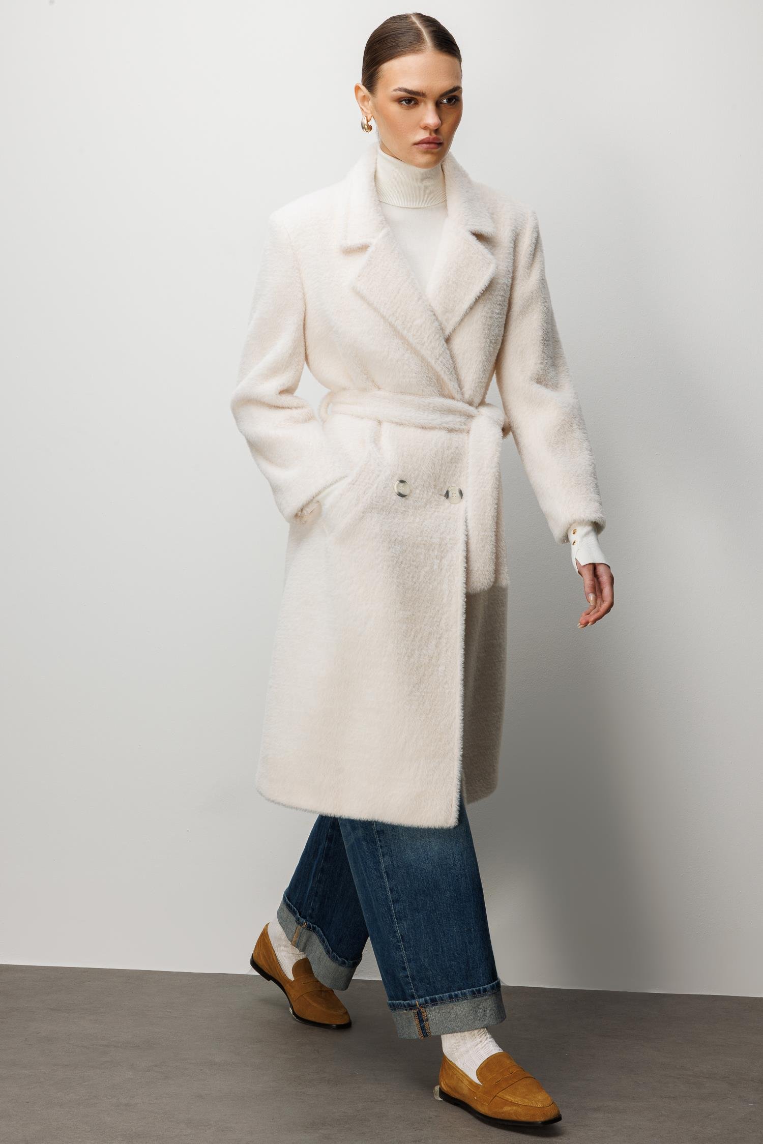 Modailgi  Tay Kumaş Kruvaze Kaban Kemik