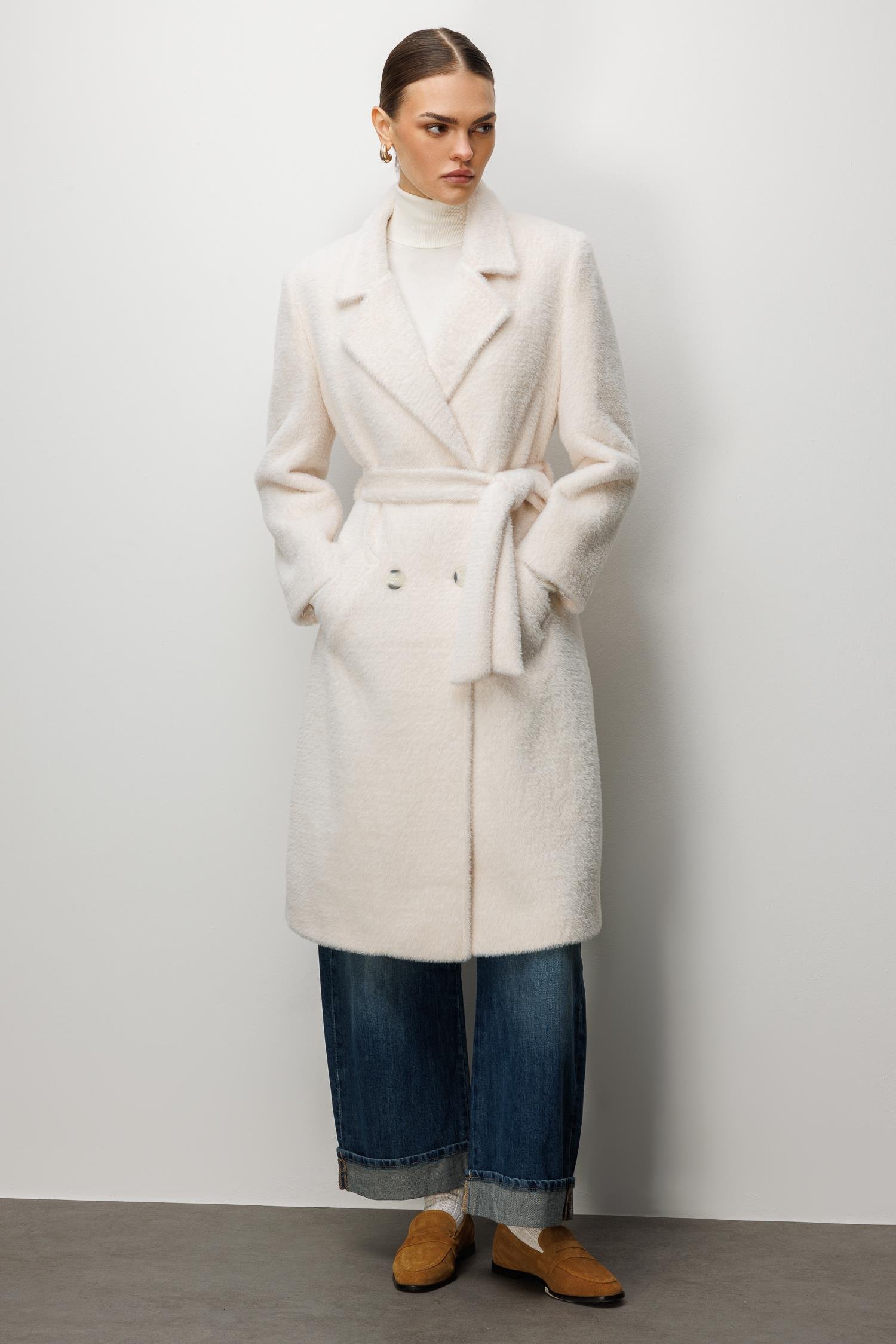 Modailgi  Tay Kumaş Kruvaze Kaban Kemik