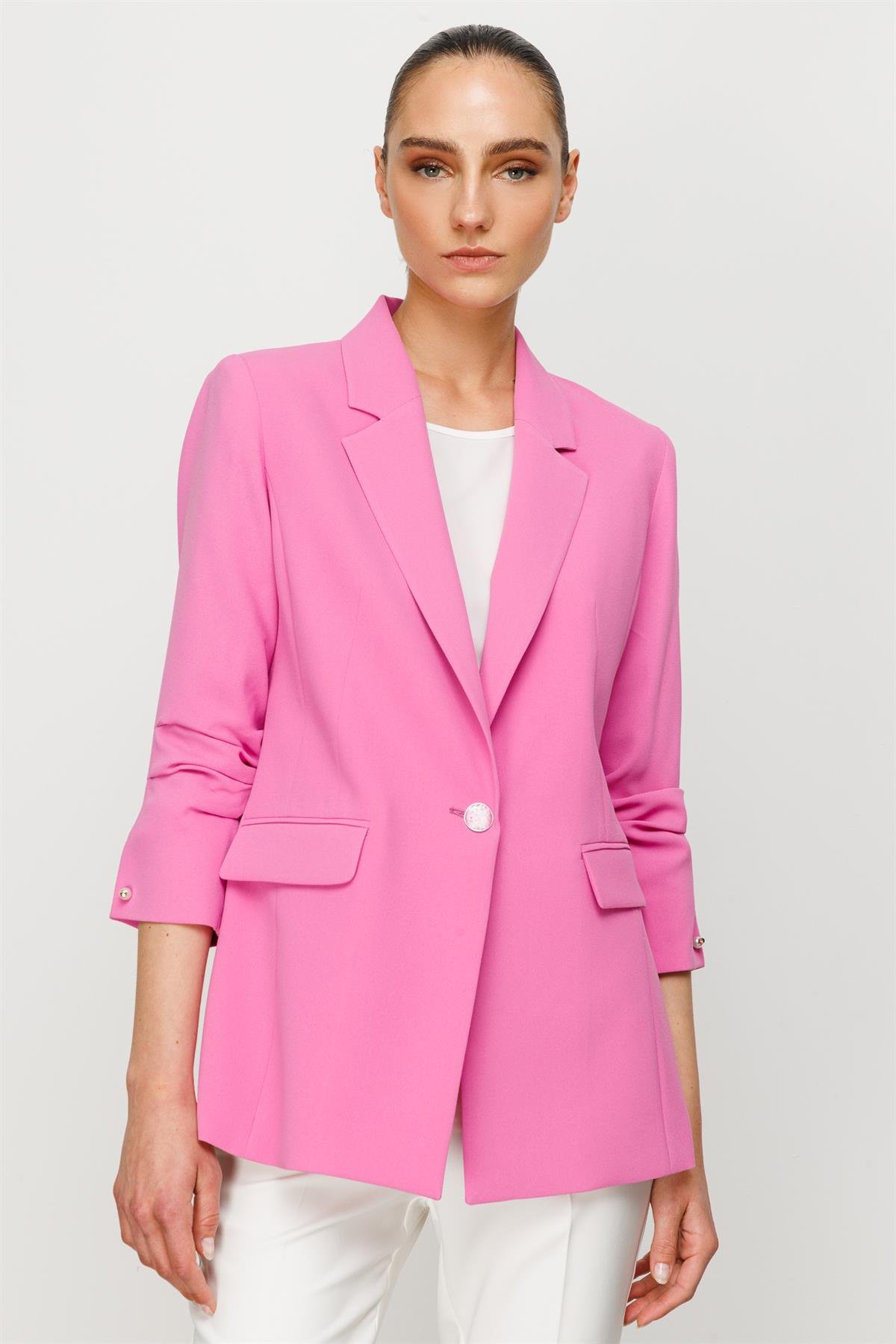 Modailgi  Tek Düğme Kolu Pileli Ceket Pembe