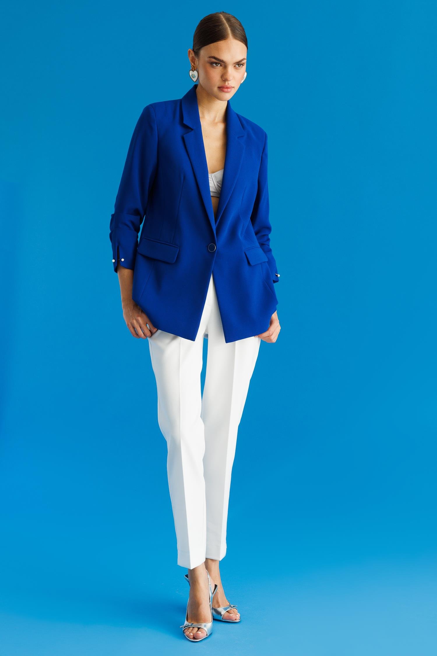 Modailgi  Tek Düğme Kolu Pileli Ceket Saks