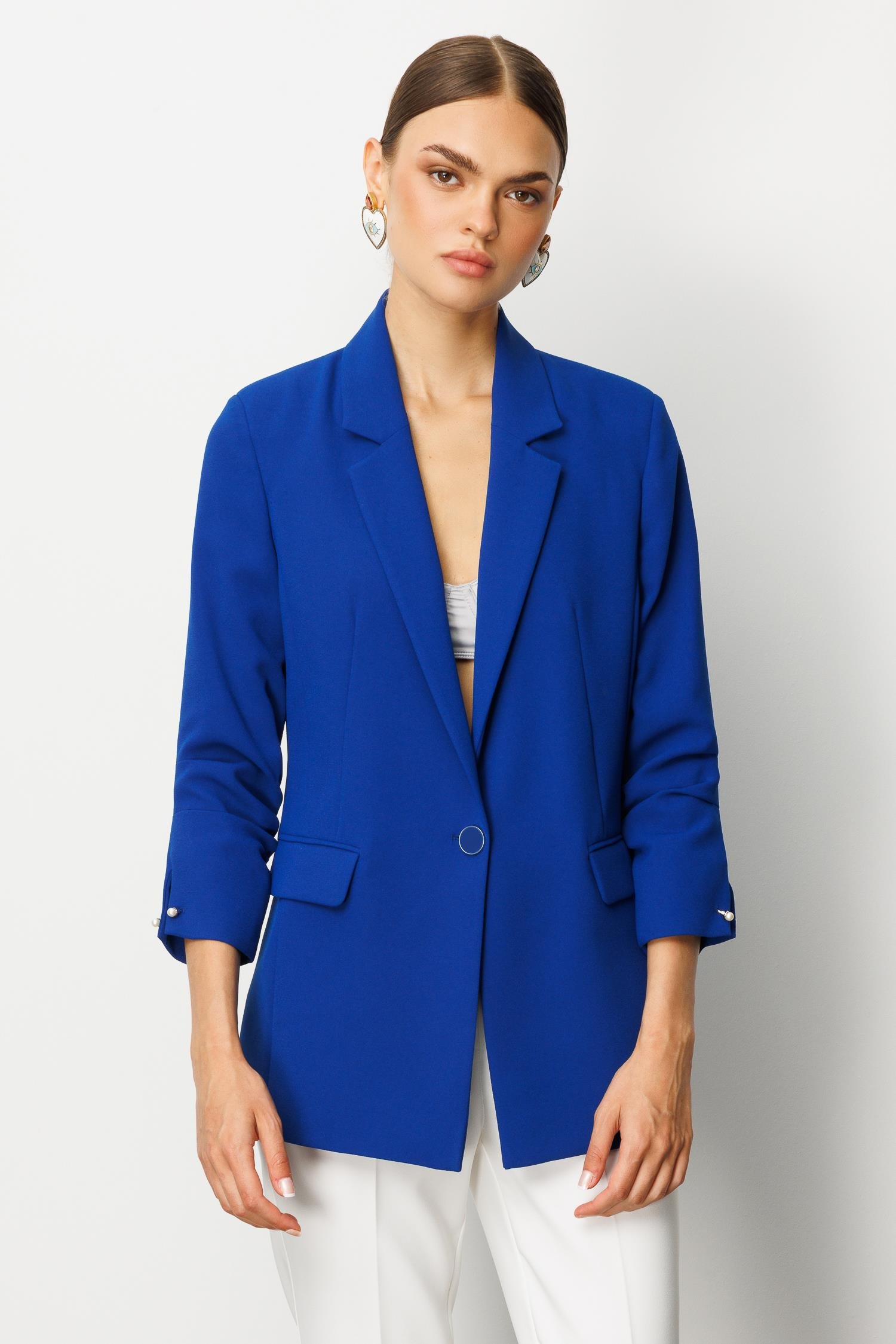 Modailgi  Tek Düğme Kolu Pileli Ceket Saks