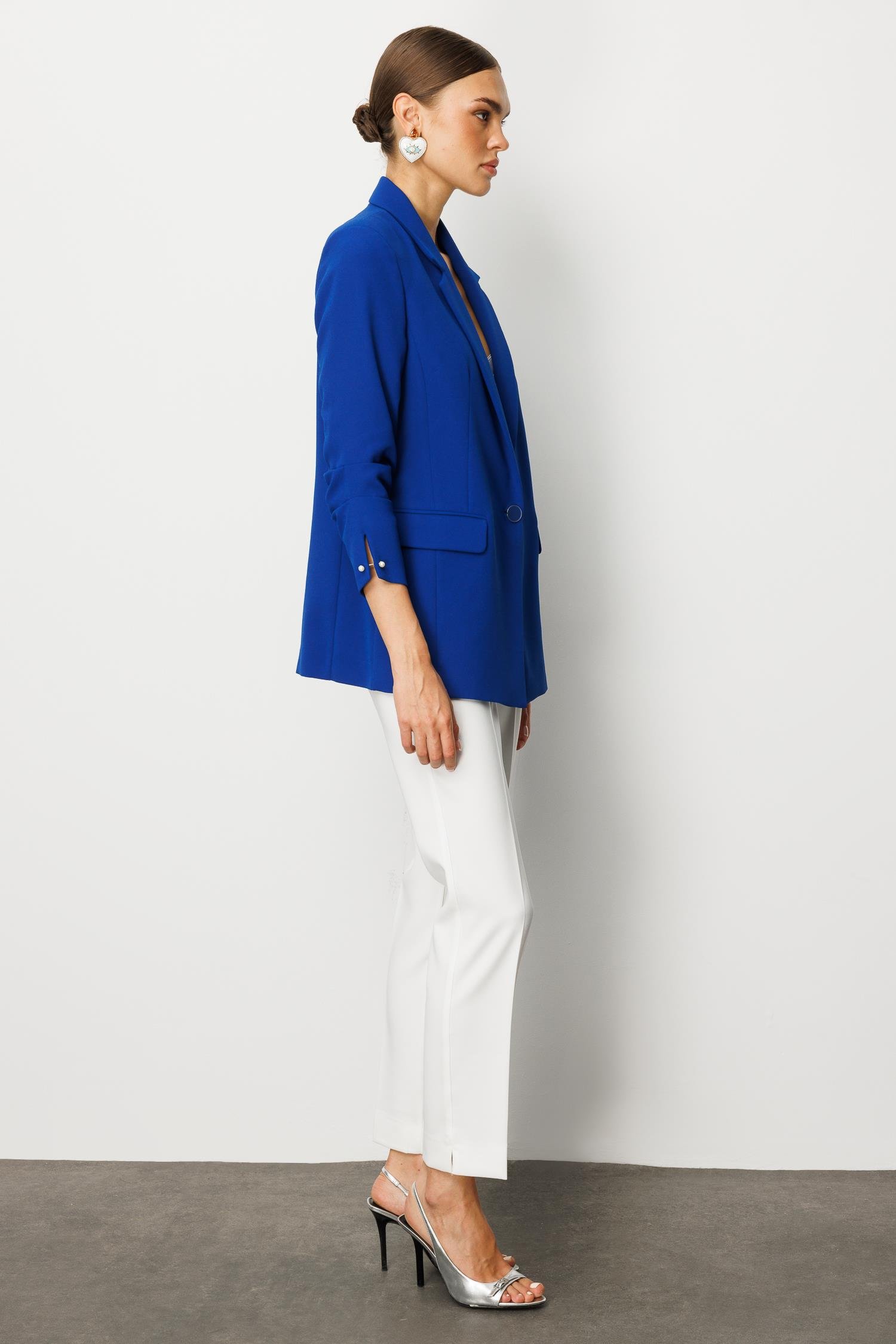 Modailgi  Tek Düğme Kolu Pileli Ceket Saks