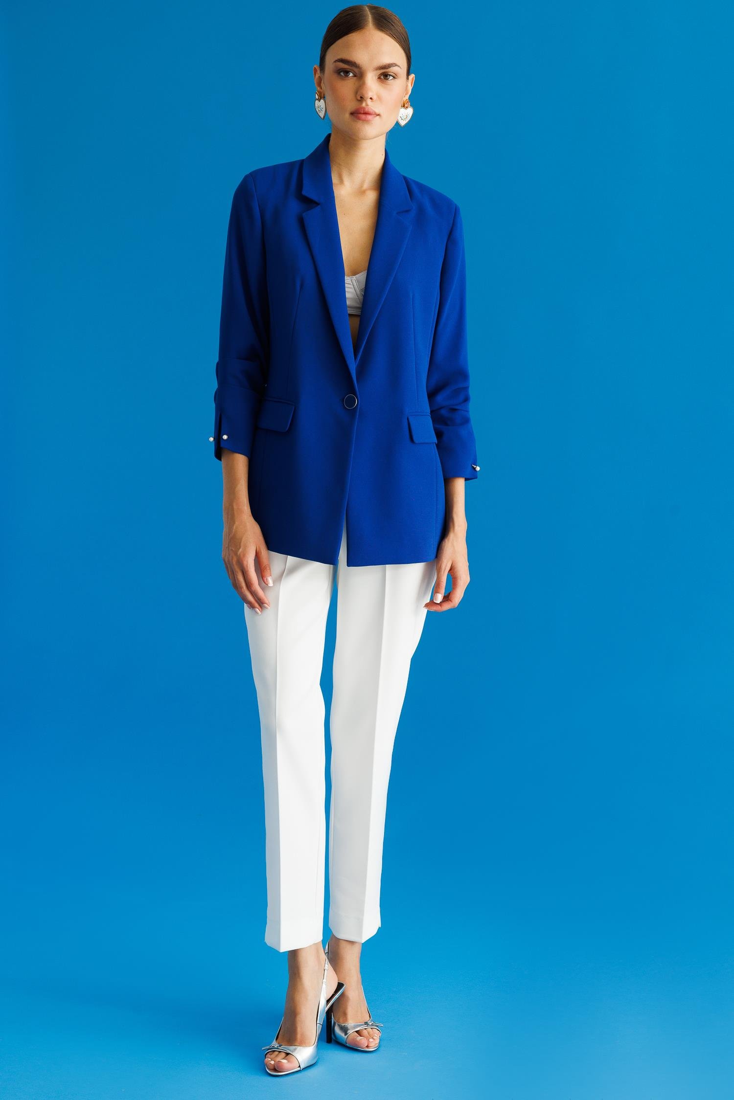 Modailgi  Tek Düğme Kolu Pileli Ceket Saks