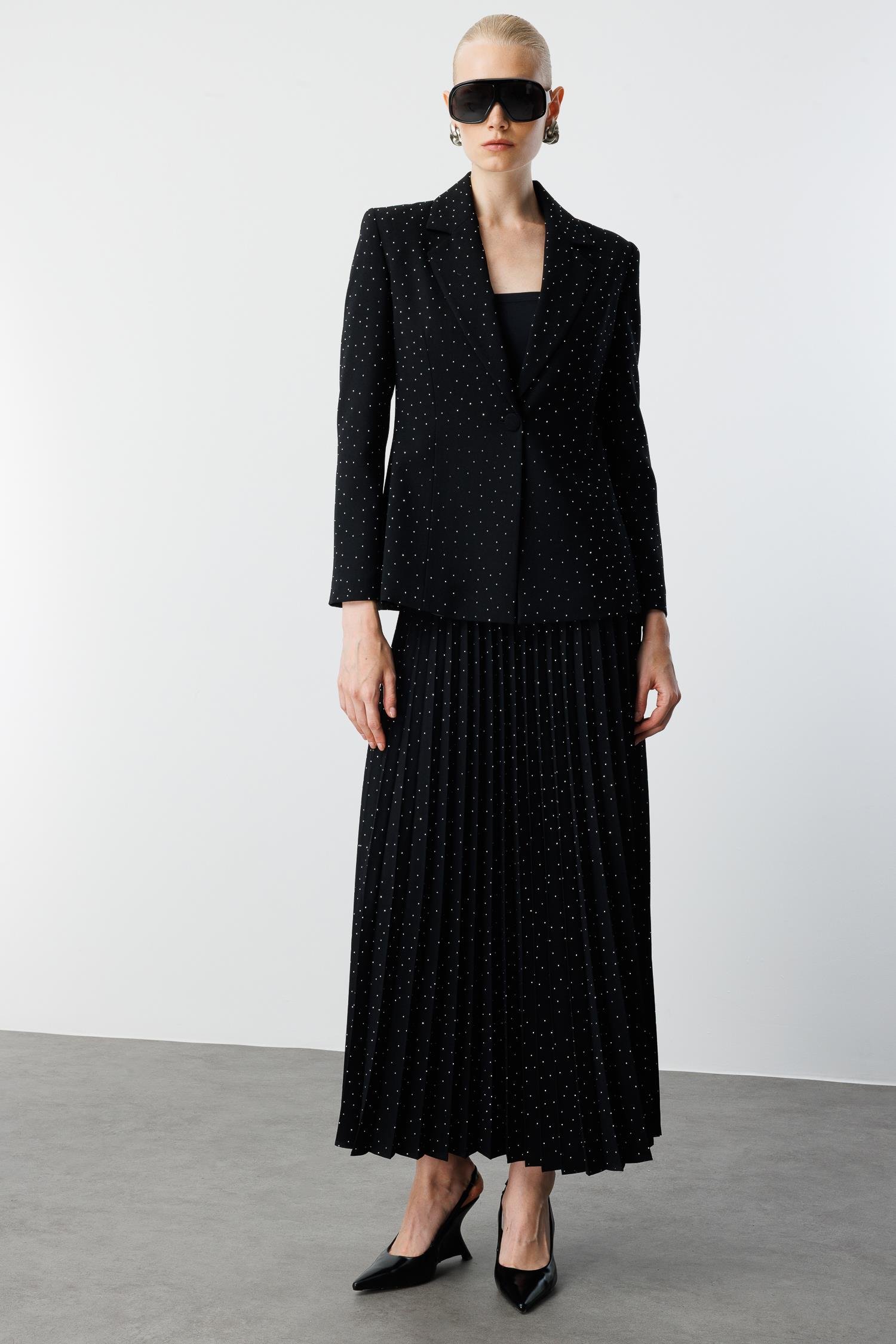 Modailgi  Tek Düğmeli Taşlı Ceket Siyah