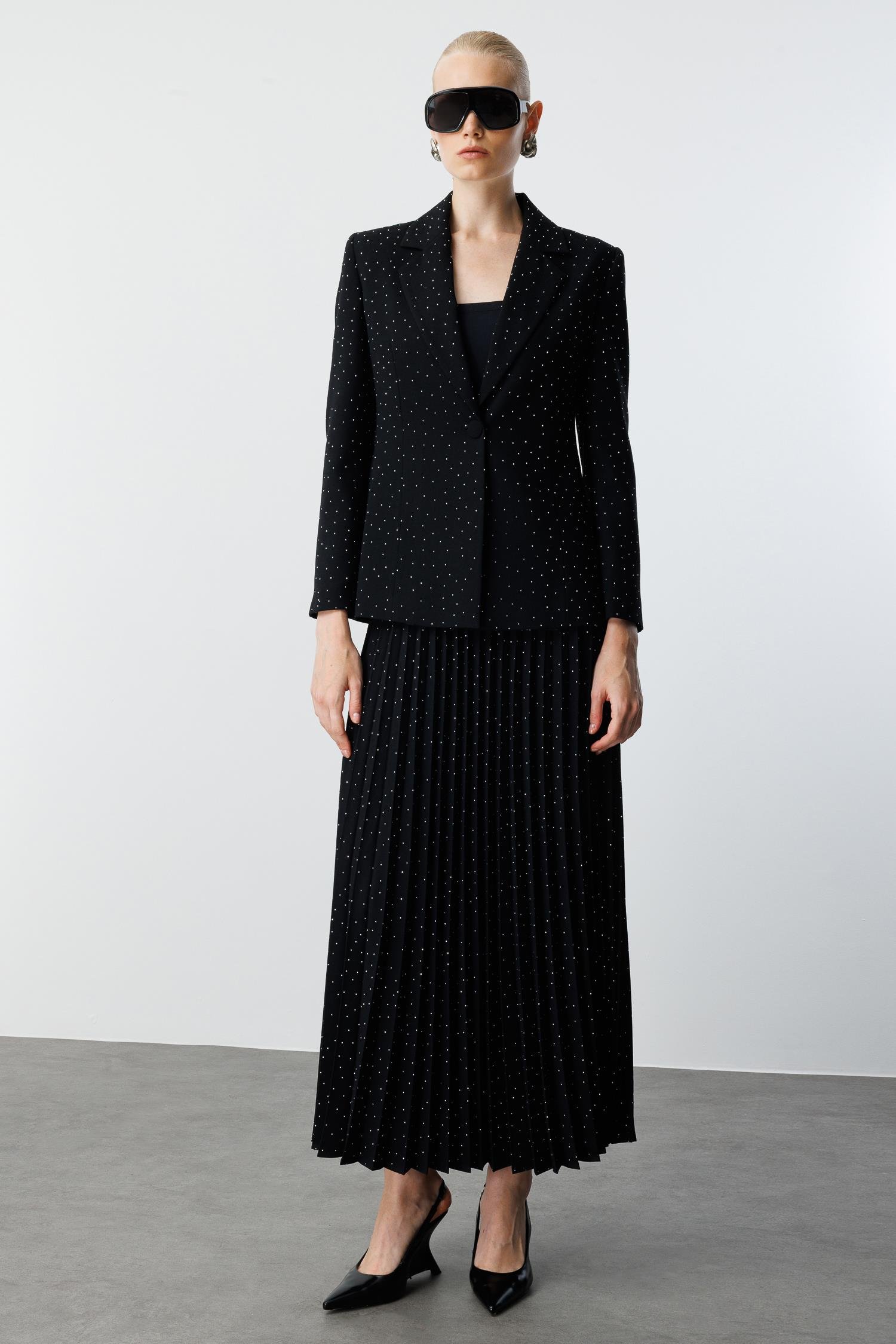 Modailgi  Tek Düğmeli Taşlı Ceket Siyah