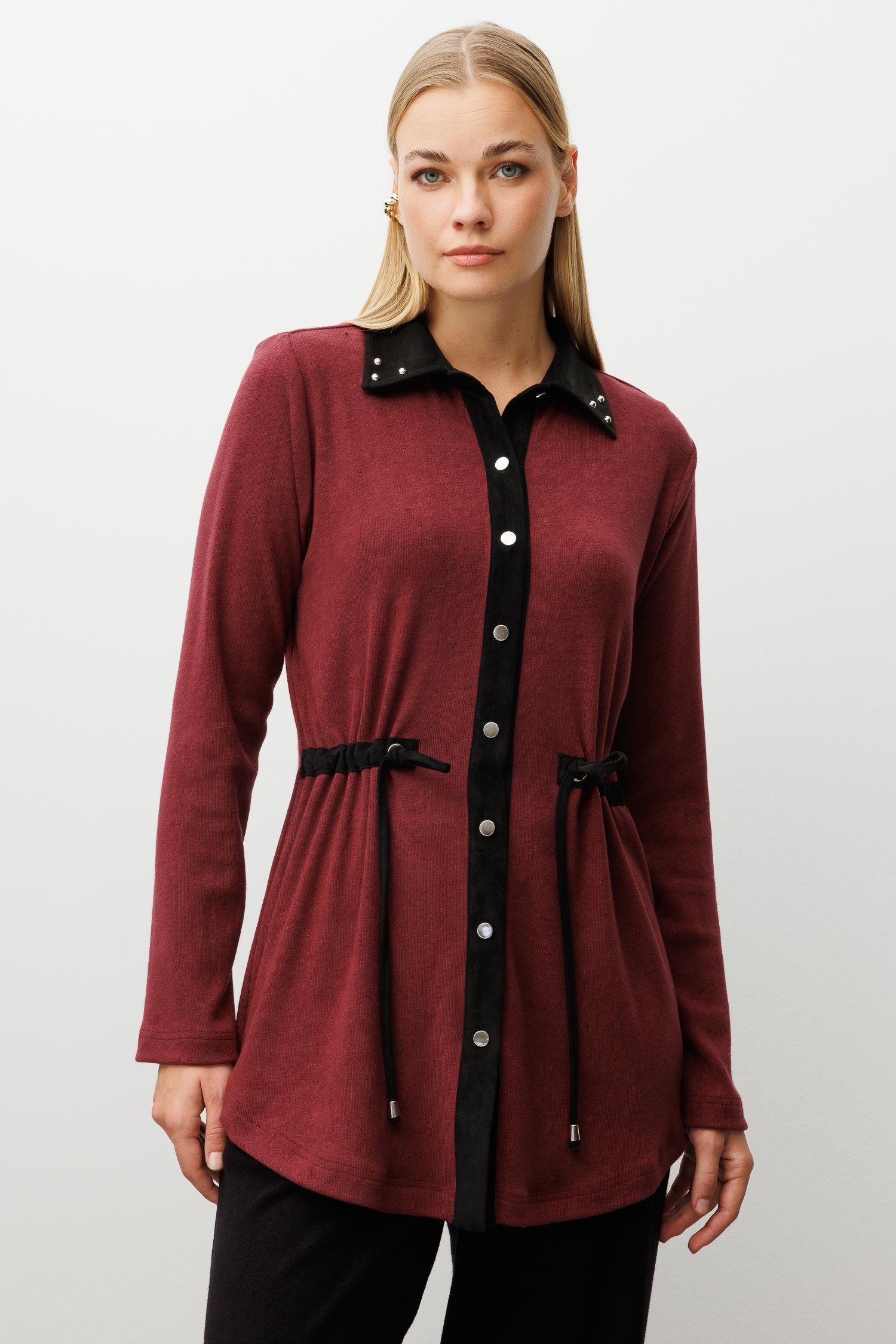 Modailgi  Triko Ve Süet Karışımlı Belden Tünelli Lase Nakış Vetrok Detaylı Triko Gömlek Bordo