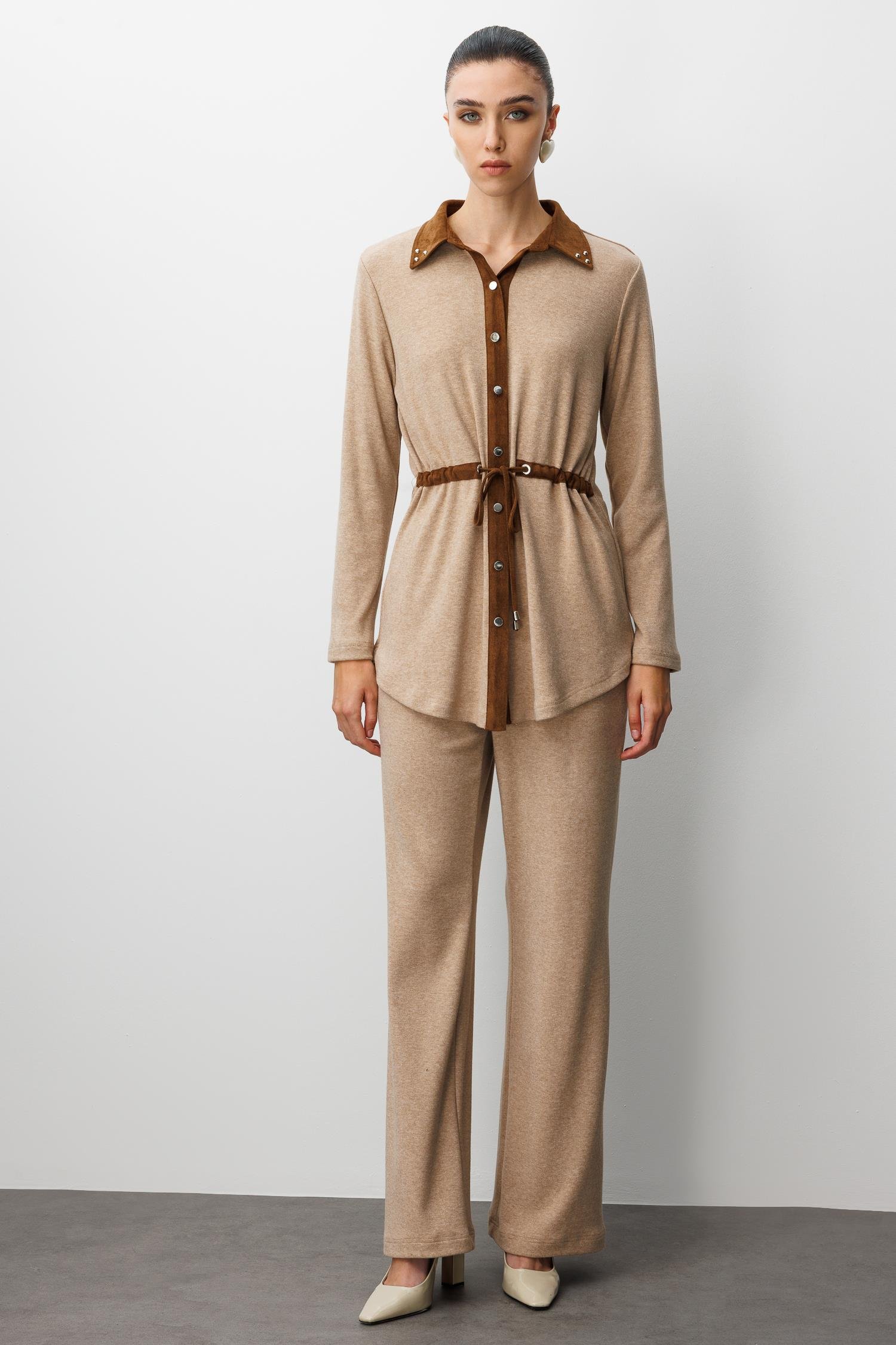 Modailgi  Triko Ve Süet Karışımlı Belden Tünelli Lase Nakış Vetrok Detaylı Triko Gömlek Vizon