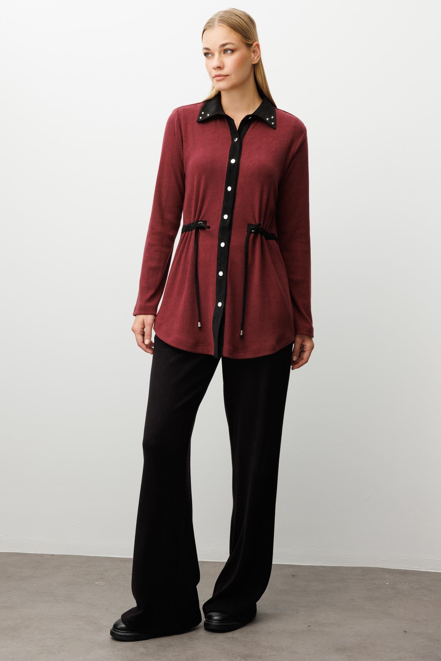 Modailgi  Triko Ve Süet Karışımlı Belden Tünelli Lase Nakış Vetrok Detaylı Triko Gömlek Bordo