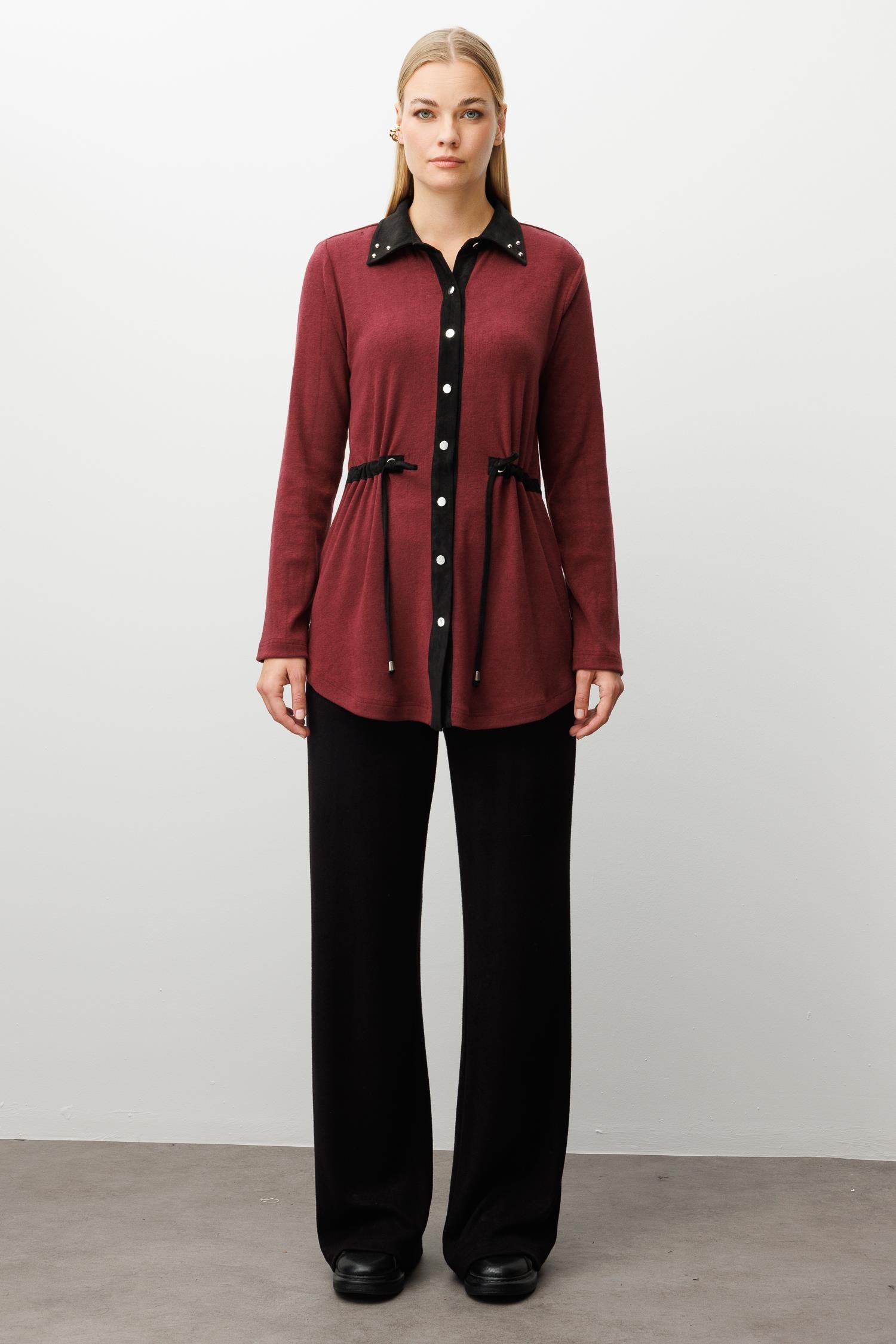 Modailgi  Triko Ve Süet Karışımlı Belden Tünelli Lase Nakış Vetrok Detaylı Triko Gömlek Bordo