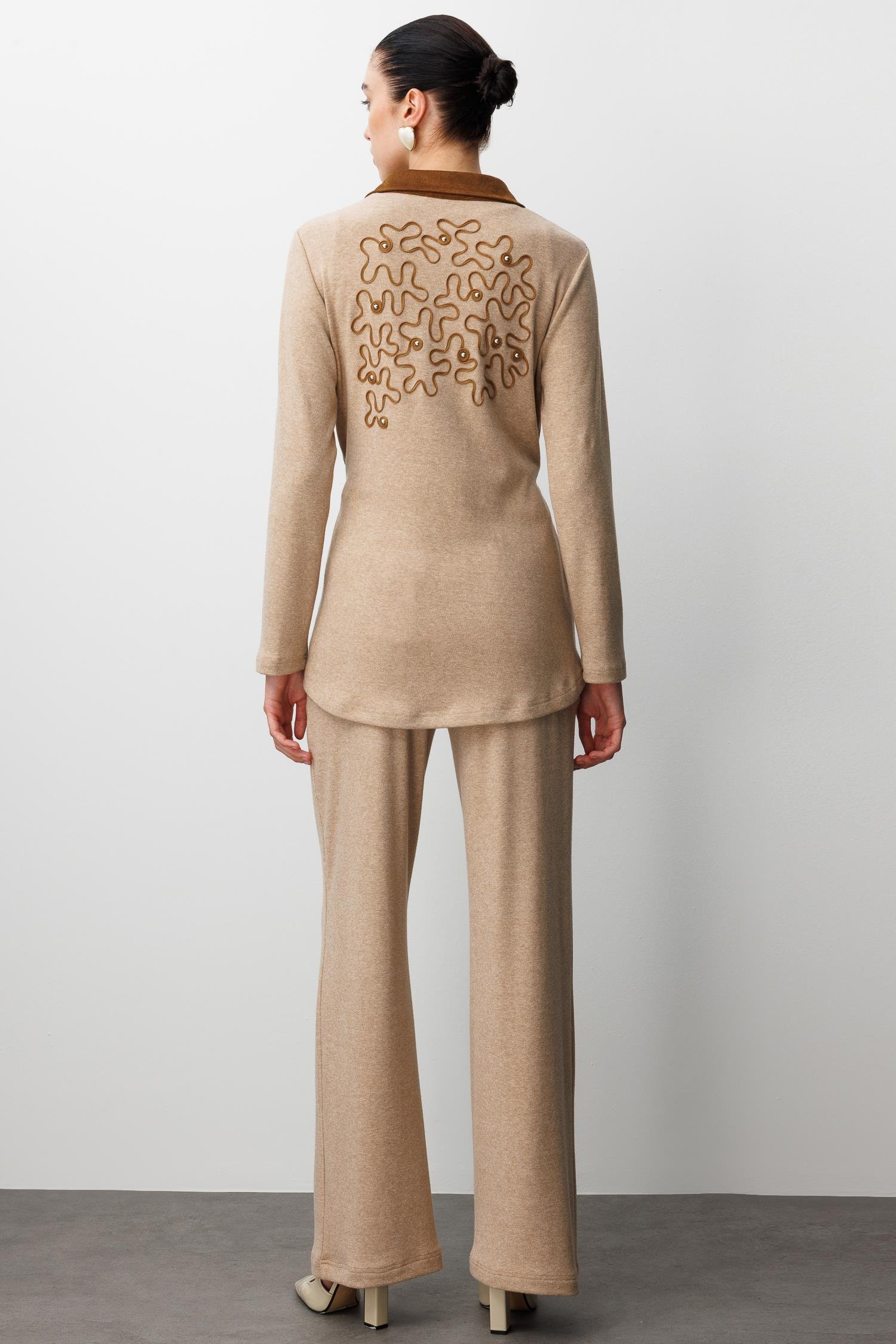 Modailgi  Triko Ve Süet Karışımlı Belden Tünelli Lase Nakış Vetrok Detaylı Triko Gömlek Vizon