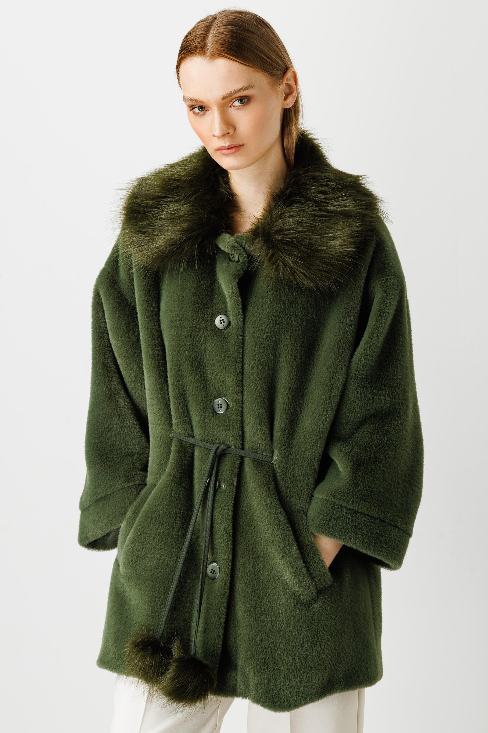 Modailgi  Truvakar Kol Yakası Kürklü Peluş Kaban Haki