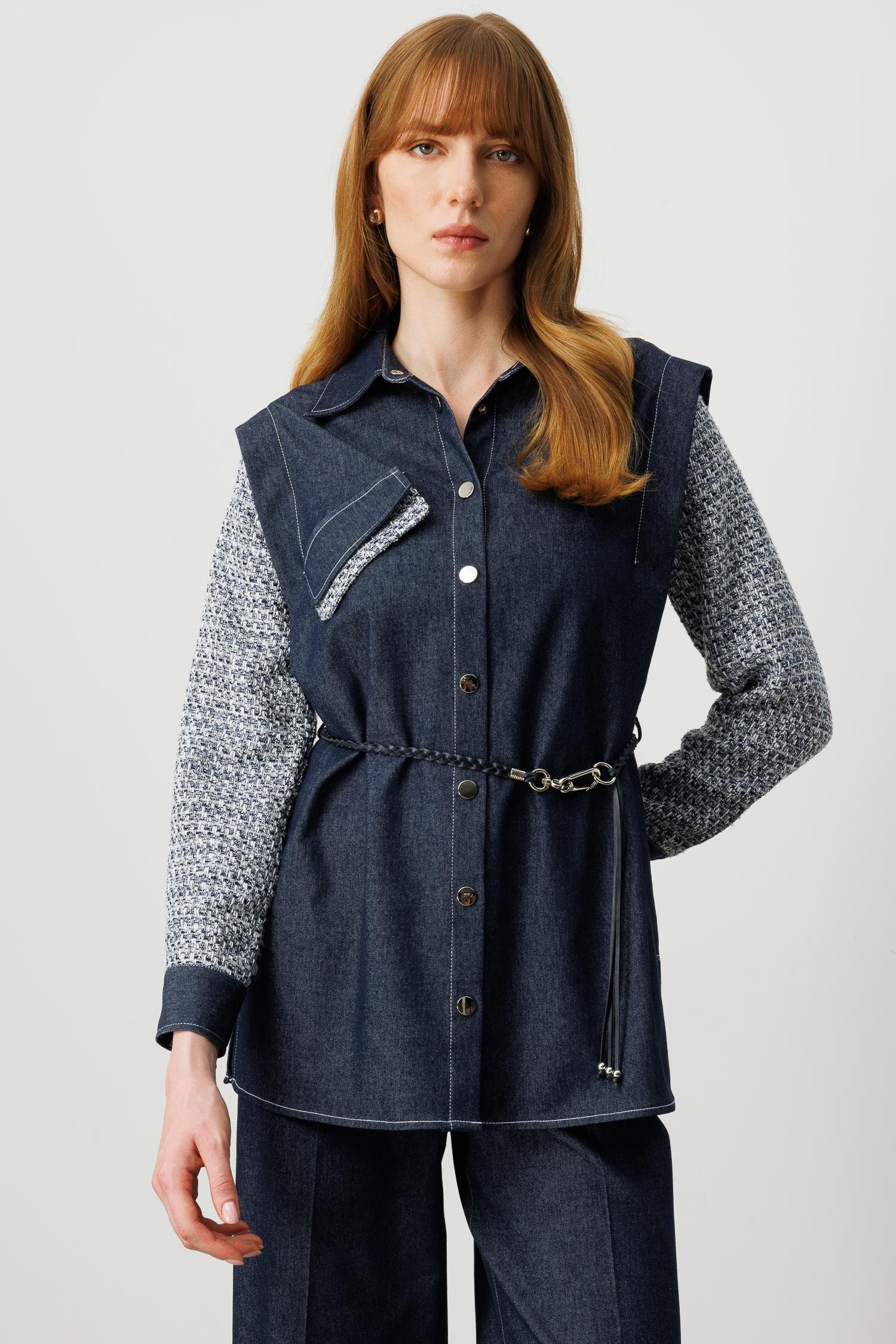 Modailgi  Tuvit Kumaş Garni Detaylı Belden Kemerli Kot Tencel Gömlek Tunik - 40013 Lacivert