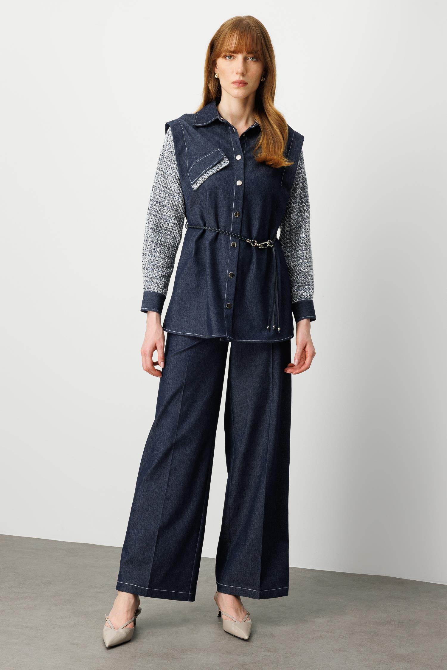 Modailgi  Tuvit Kumaş Garni Detaylı Belden Kemerli Kot Tencel Gömlek Tunik - 40013 Lacivert