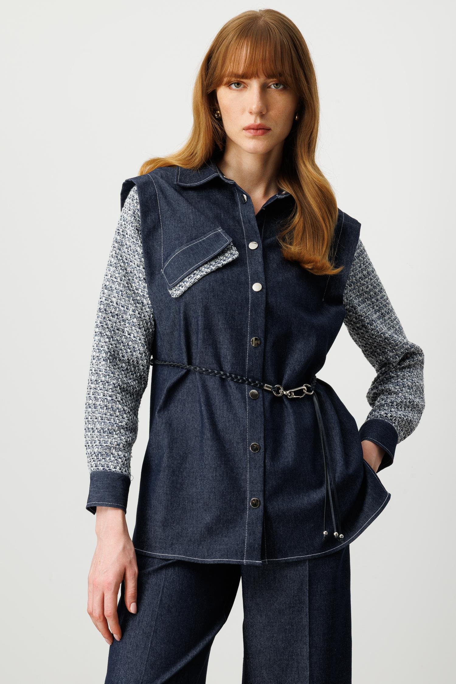 Modailgi  Tuvit Kumaş Garni Detaylı Belden Kemerli Kot Tencel Gömlek Tunik - 40013 Lacivert