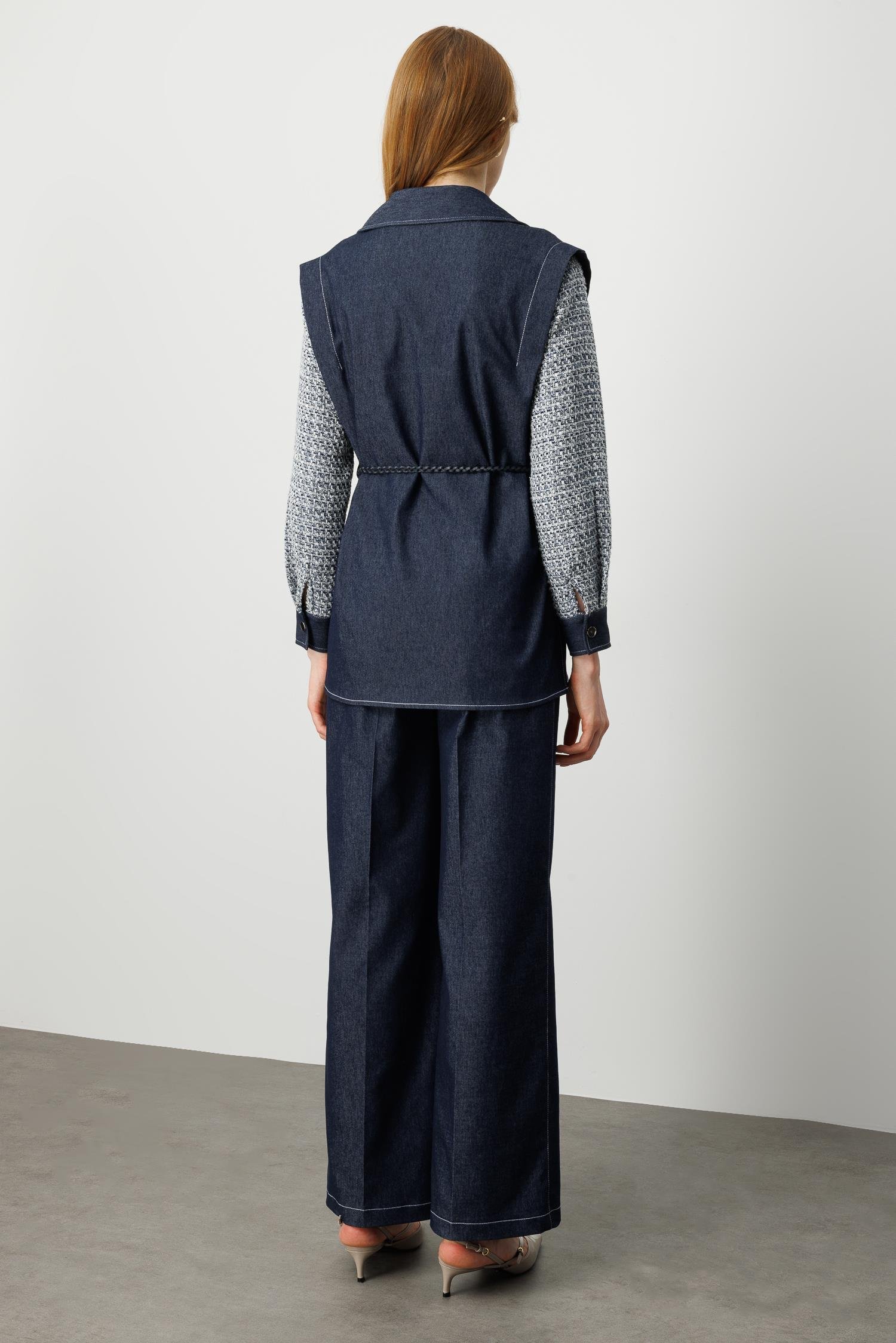 Modailgi  Tuvit Kumaş Garni Detaylı Belden Kemerli Kot Tencel Gömlek Tunik - 40013 Lacivert