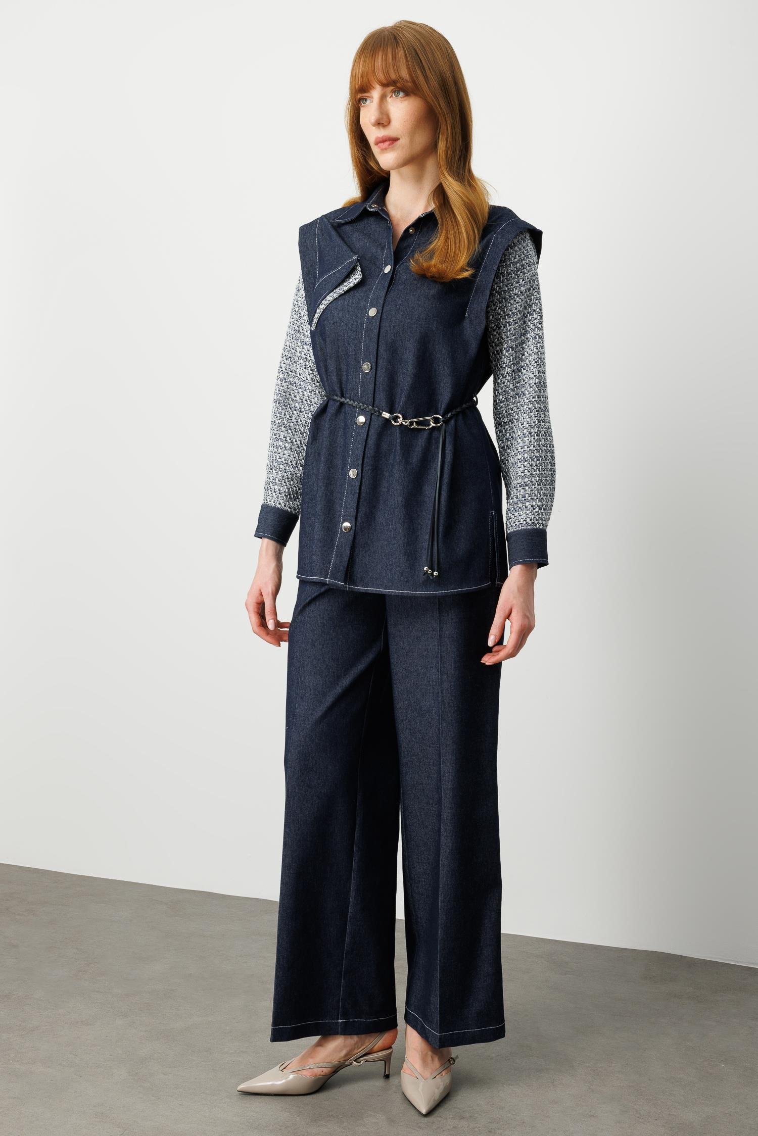 Modailgi  Tuvit Kumaş Garni Detaylı Belden Kemerli Kot Tencel Gömlek Tunik - 40013 Lacivert