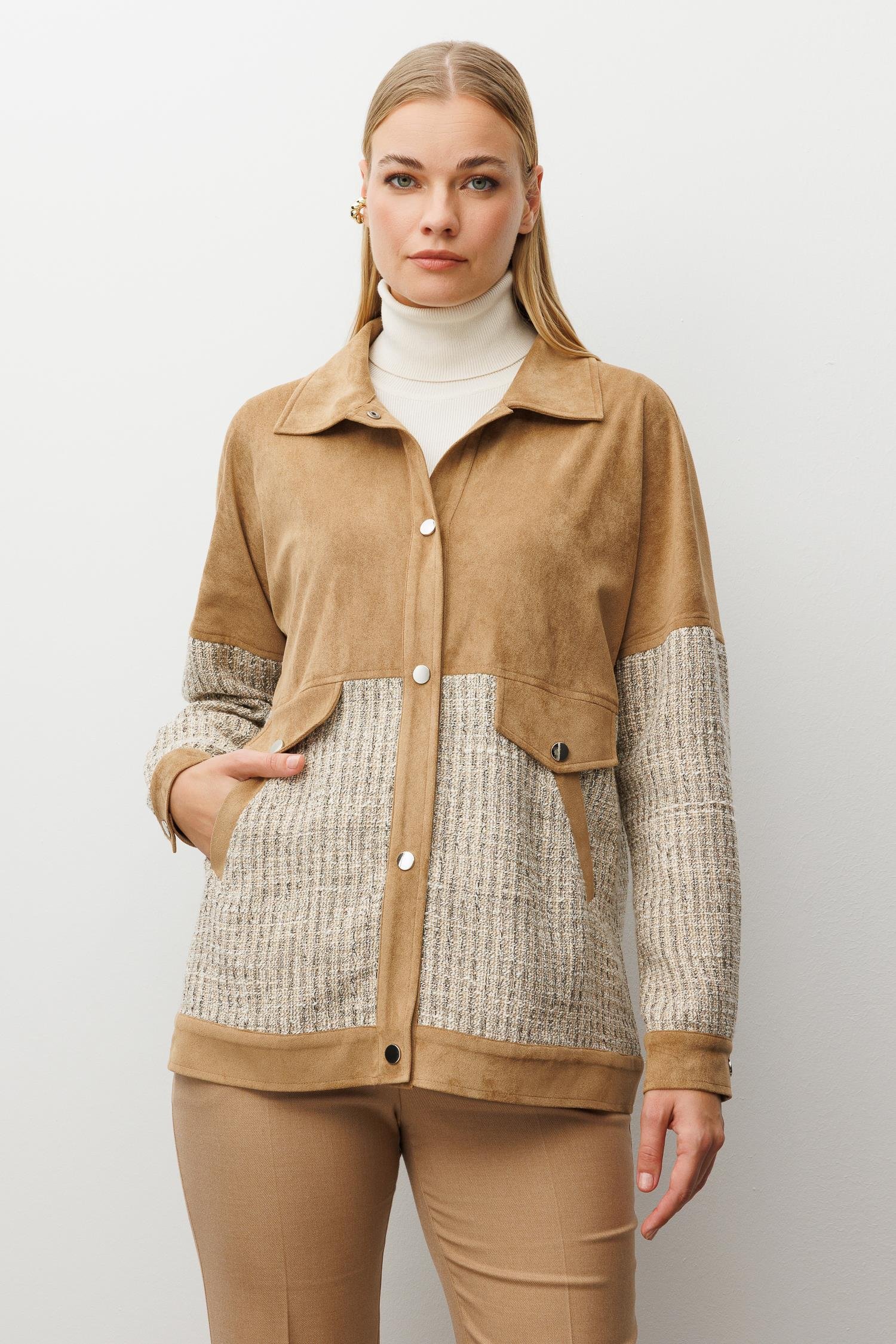 Modailgi  Tüvit Kumaş Garnili Düşük Kol Oversize Yandan Cepli Süet Tunik Vizon