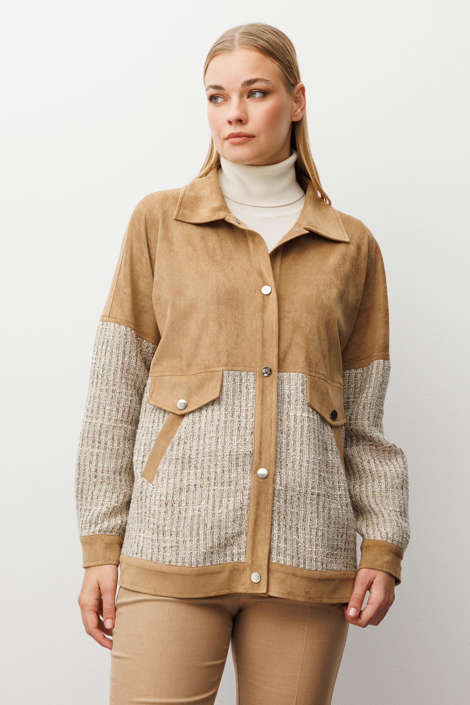 Modailgi  Tüvit Kumaş Garnili Düşük Kol Oversize Yandan Cepli Süet Tunik Vizon