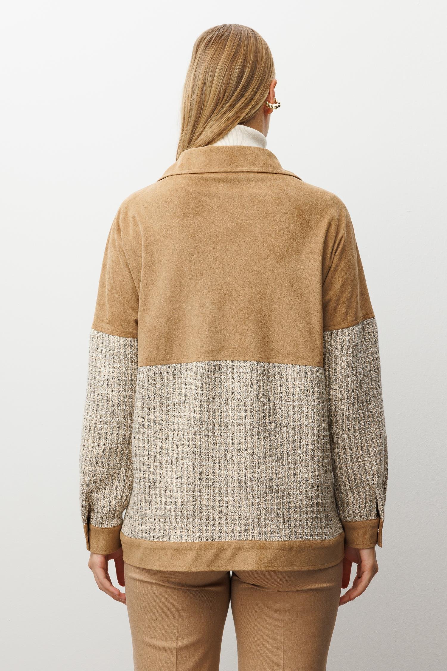 Modailgi  Tüvit Kumaş Garnili Düşük Kol Oversize Yandan Cepli Süet Tunik Vizon