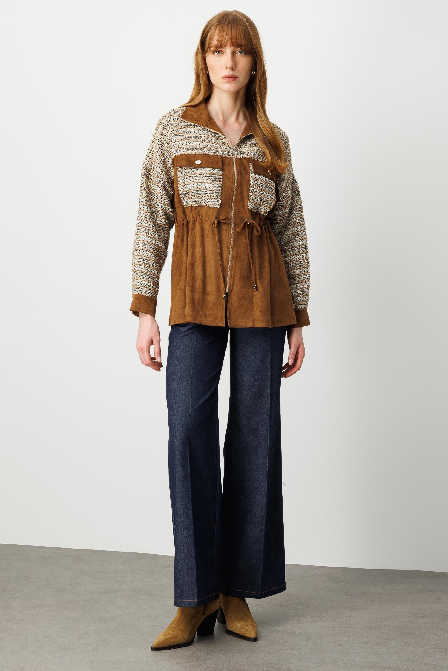 Modailgi  Tvit Kumaş Garnili Tünel Bağcıklı Fermuar Kapamalı Süet Oversize Tunik Vizon