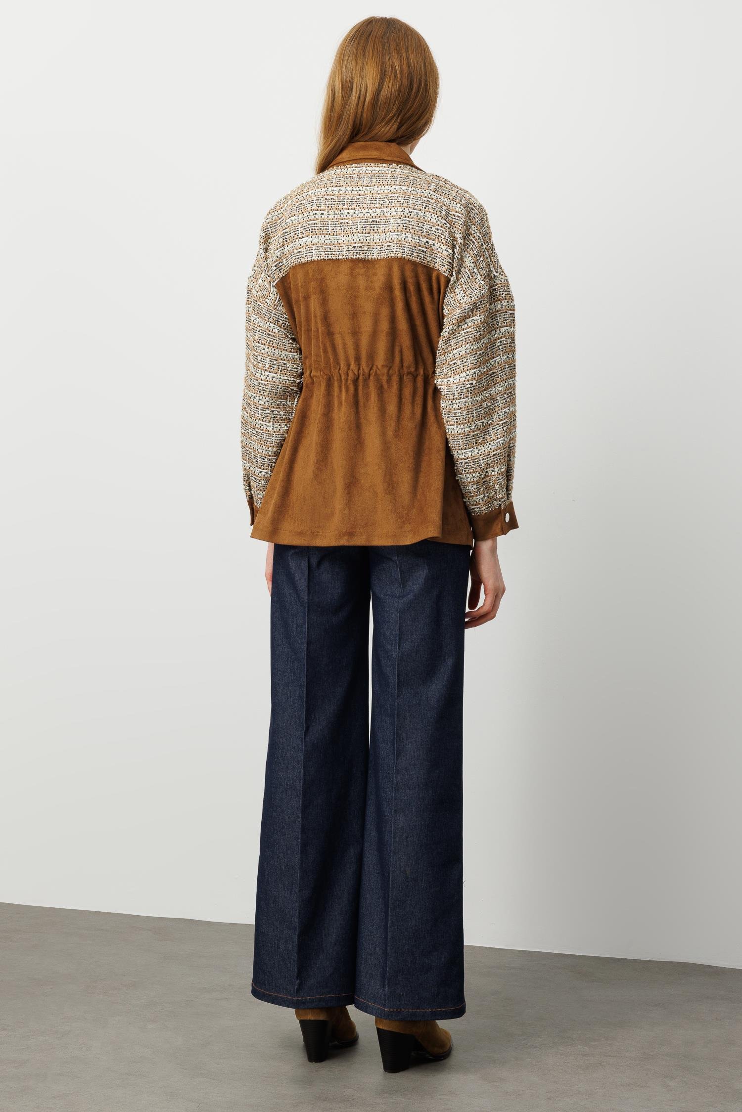 Modailgi  Tvit Kumaş Garnili Tünel Bağcıklı Fermuar Kapamalı Süet Oversize Tunik Vizon