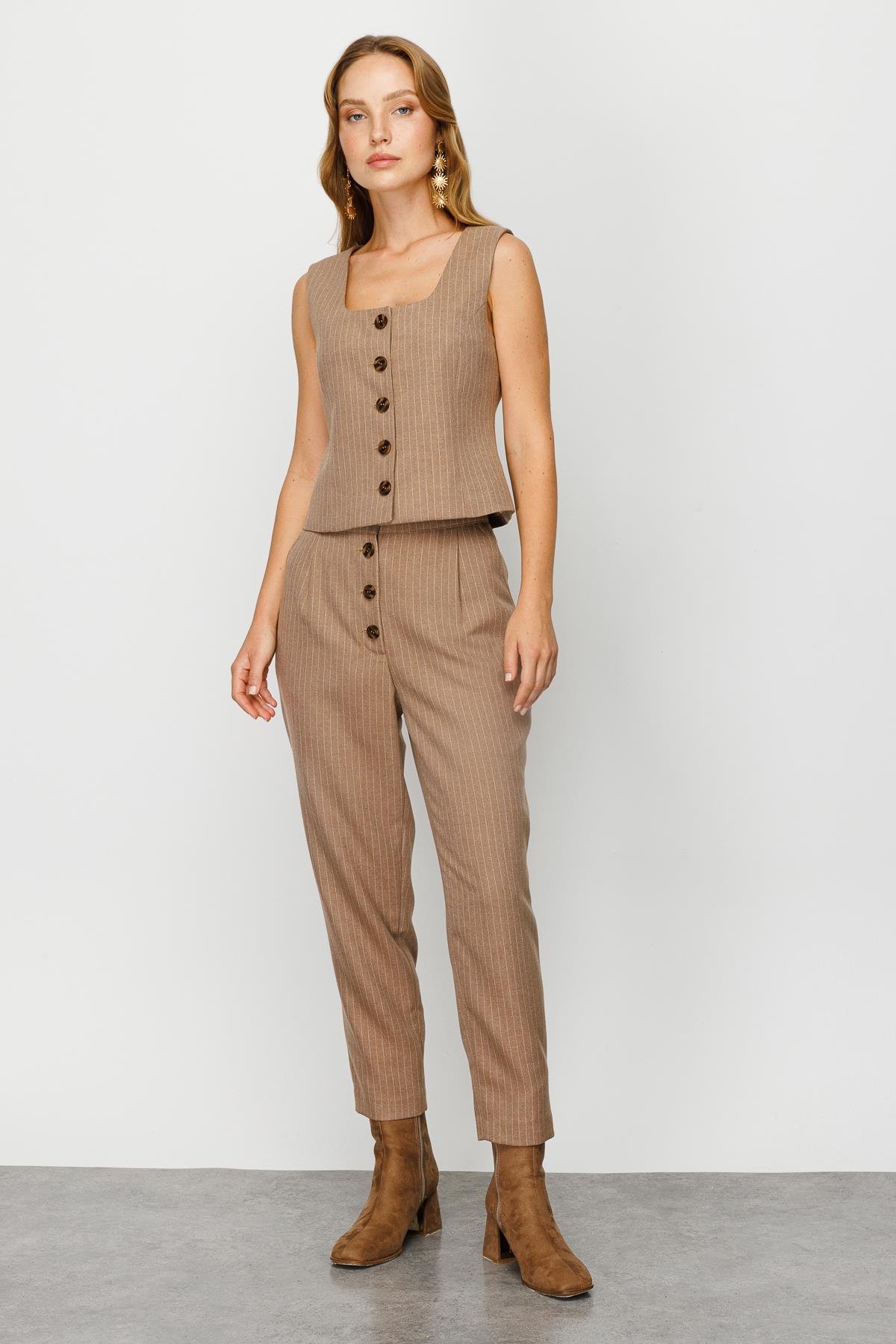 Modailgi  U Yaka Çizgili Yelek Vizon