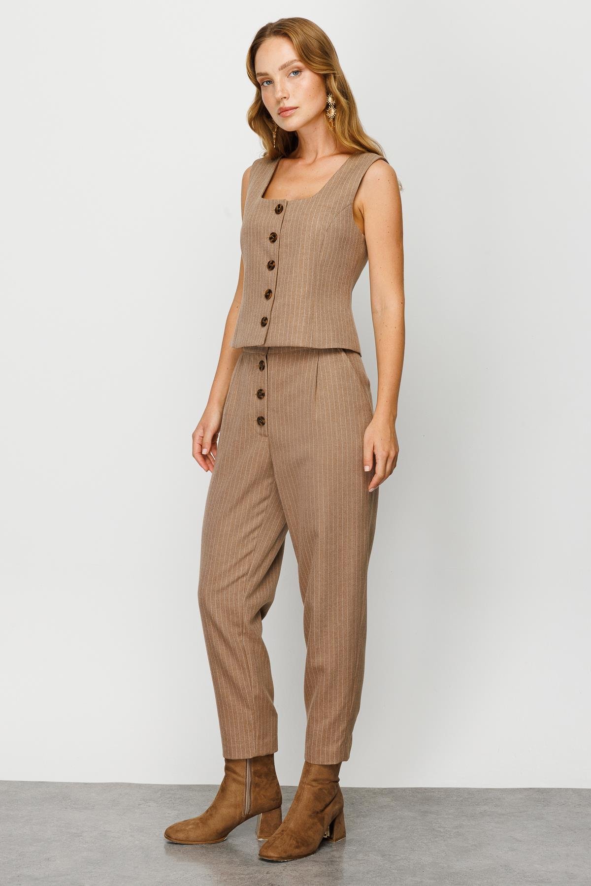 Modailgi  U Yaka Çizgili Yelek Vizon