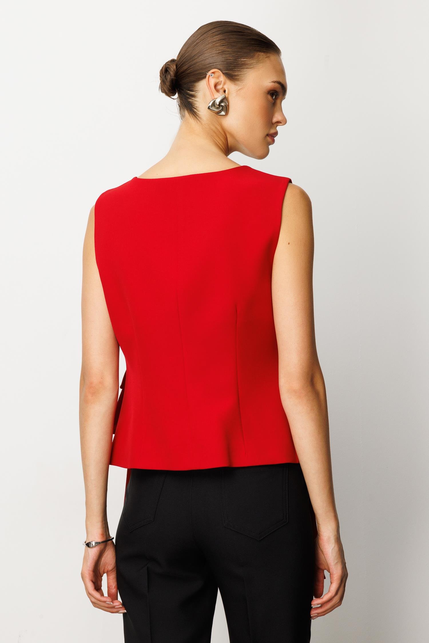 Modailgi  U Yaka Fermuar Kapamalı Torba Cepli Yelek Kırmızı