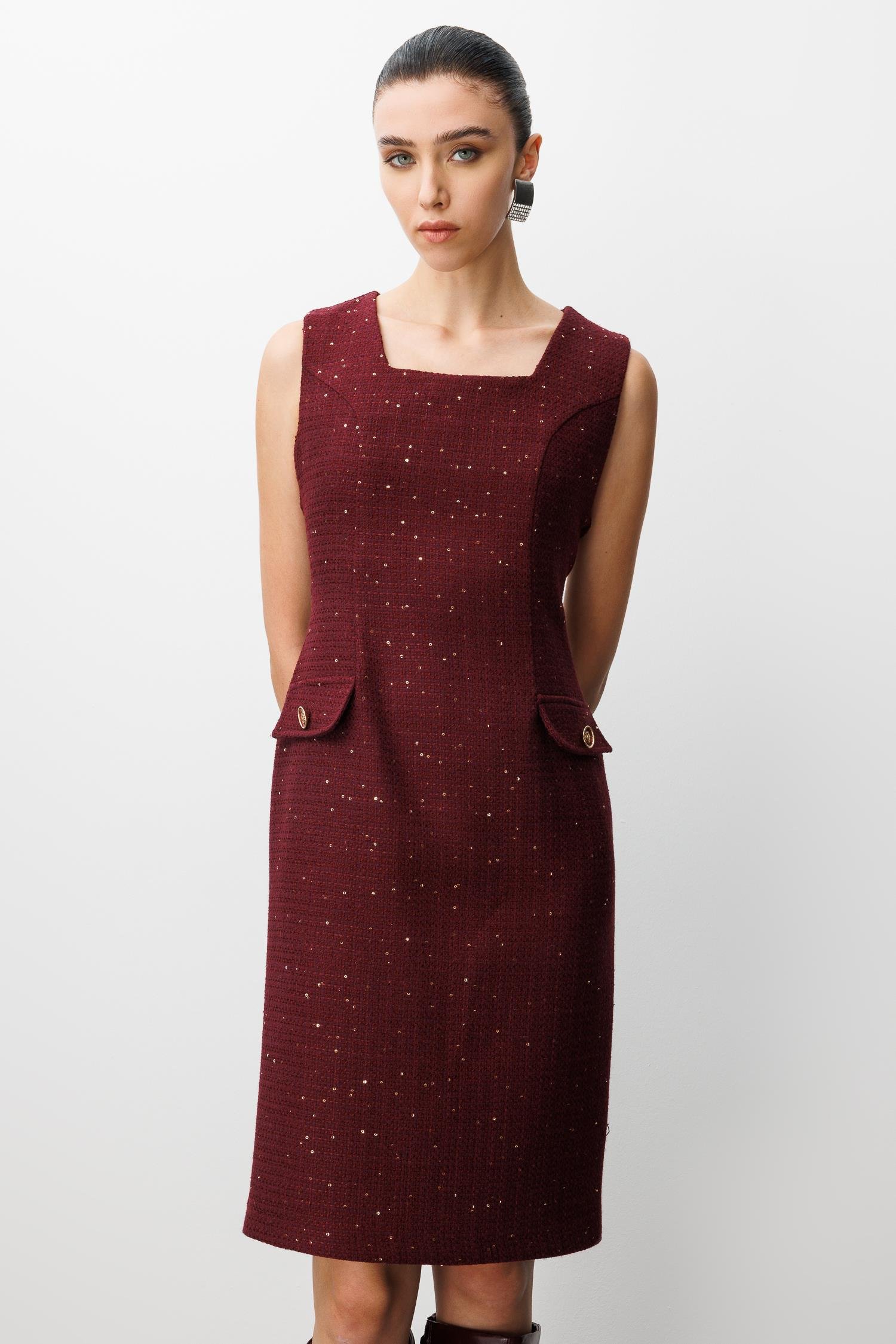 Modailgi  U Yaka Kolsuz Yarım Kuplu Kapak Cep Detaylı Formlu Elbise Bordo