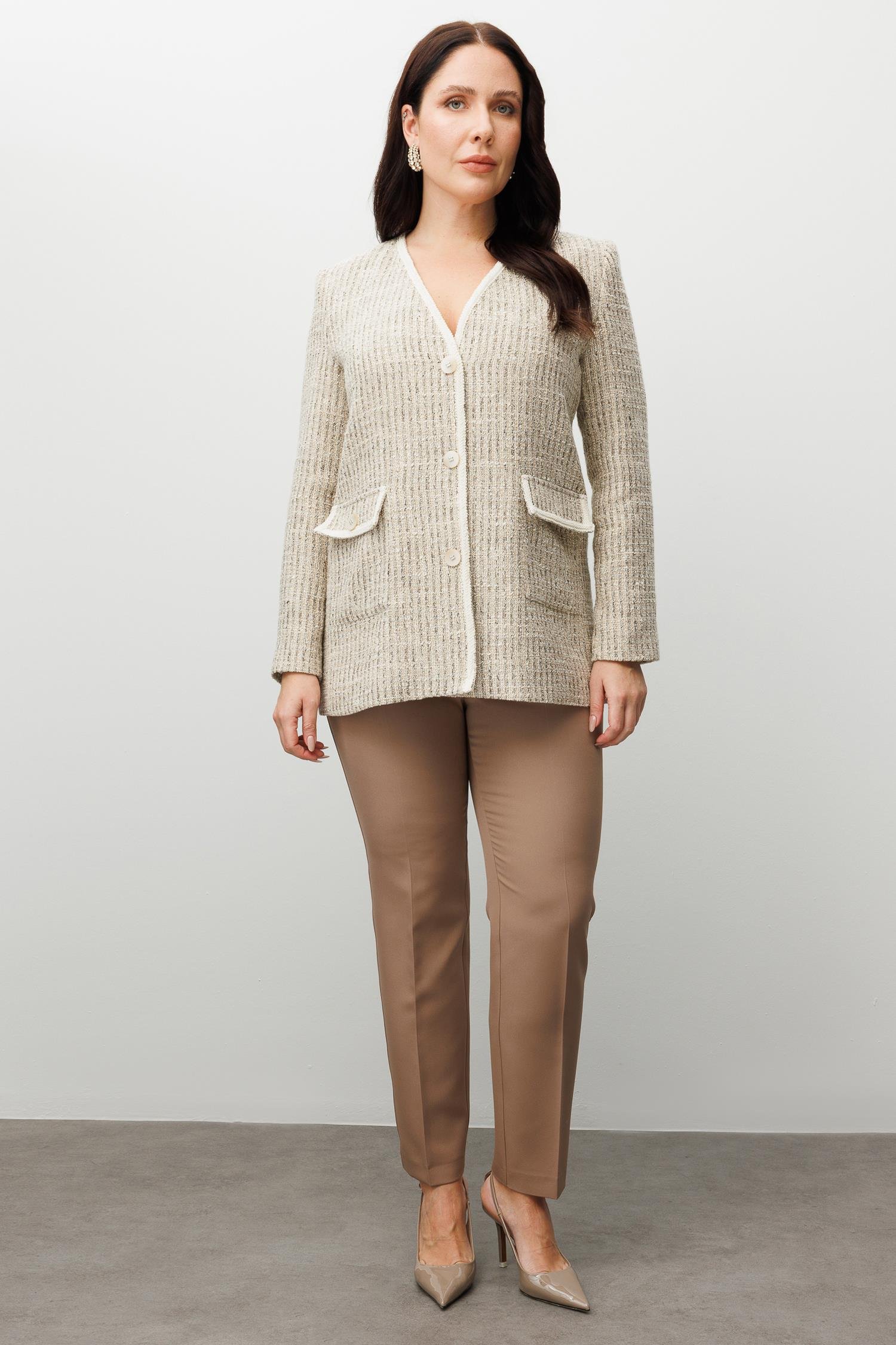 Modailgi  V Yaka Düğme Kapamalı Şerit Detaylı Kapaklı Torba Cepli Ceket Bej