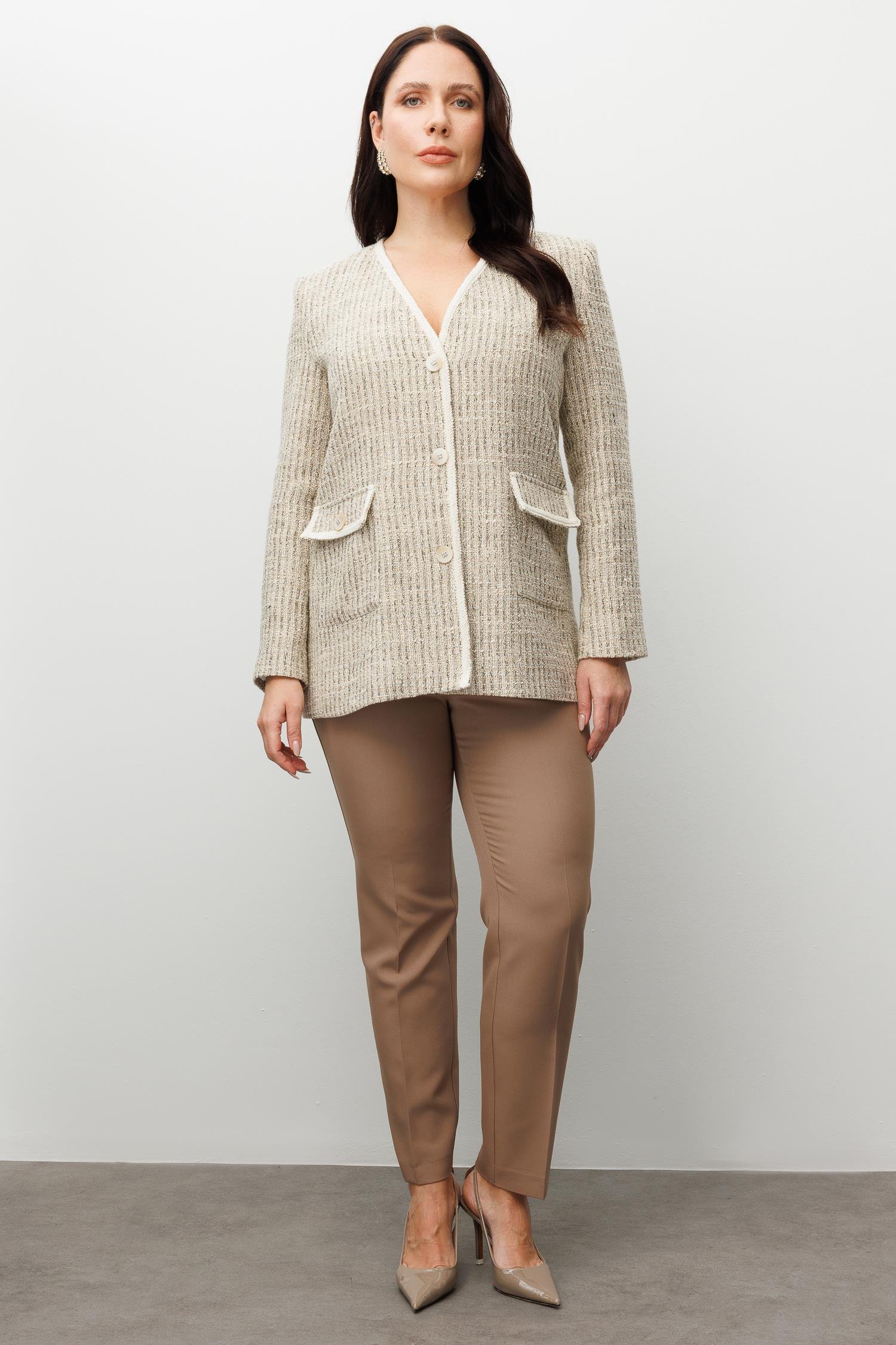 Modailgi  V Yaka Düğme Kapamalı Şerit Detaylı Kapaklı Torba Cepli Ceket Bej