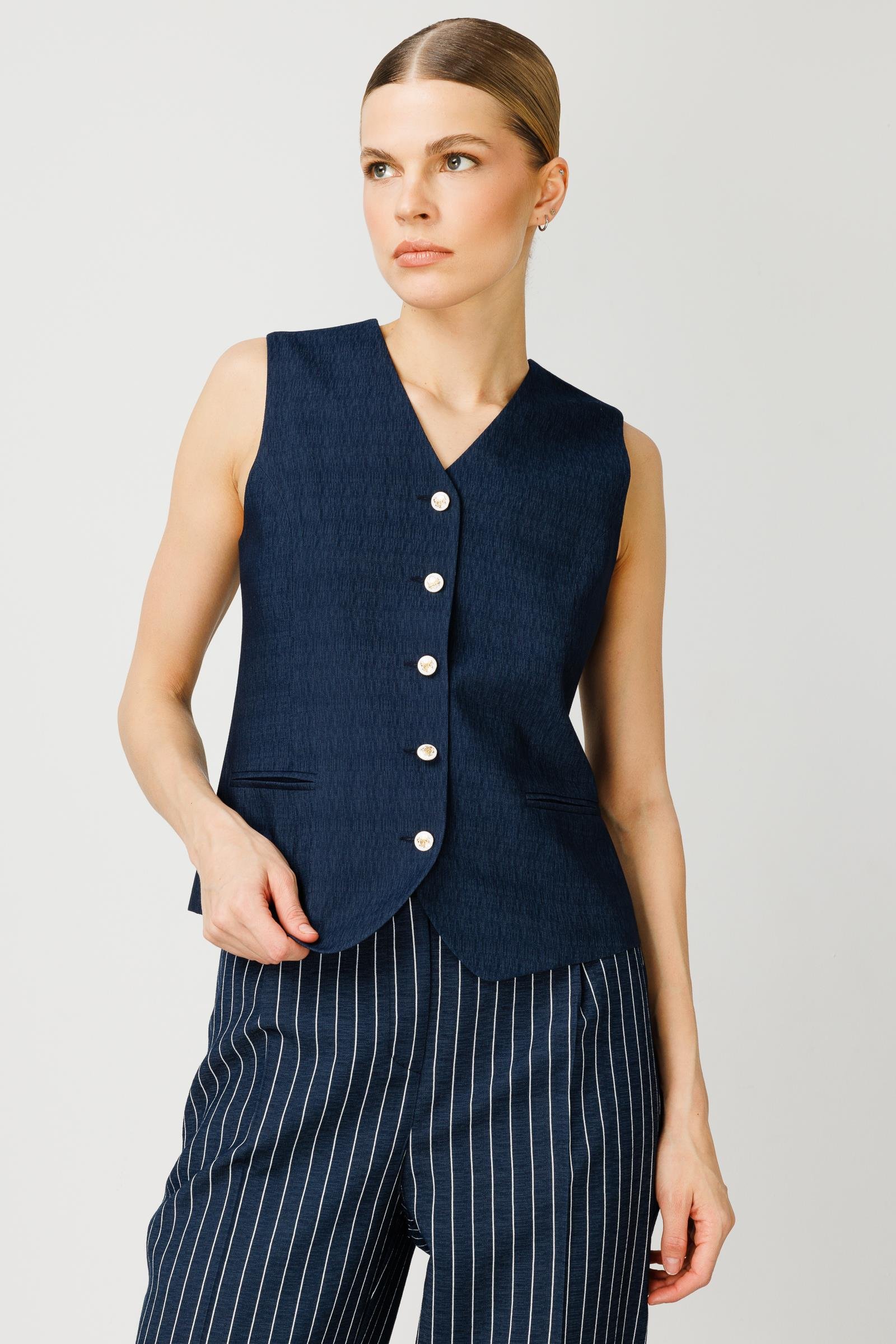 Modailgi  V Yaka Düğme Kapamalı Yelek Lacivert