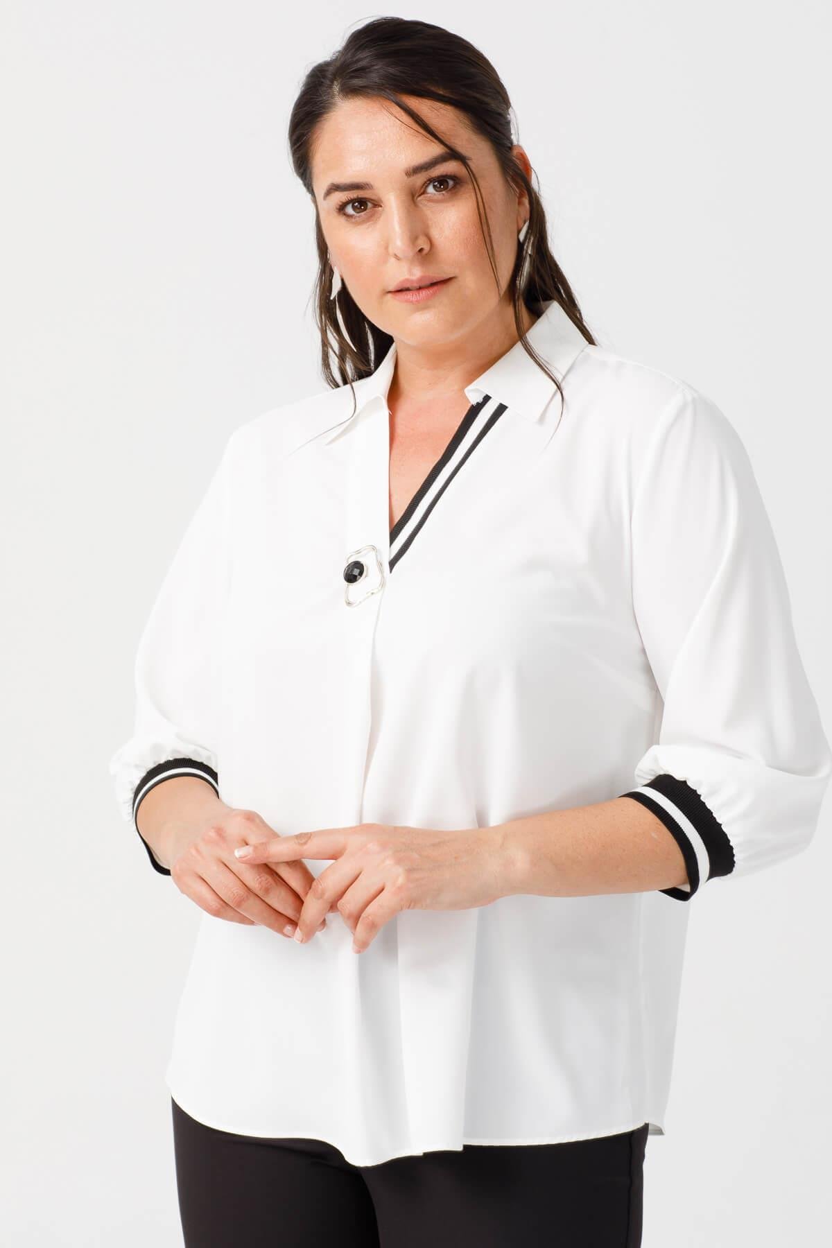 Modailgi  V Yaka Kolları Ribanalı Bluz Ekru