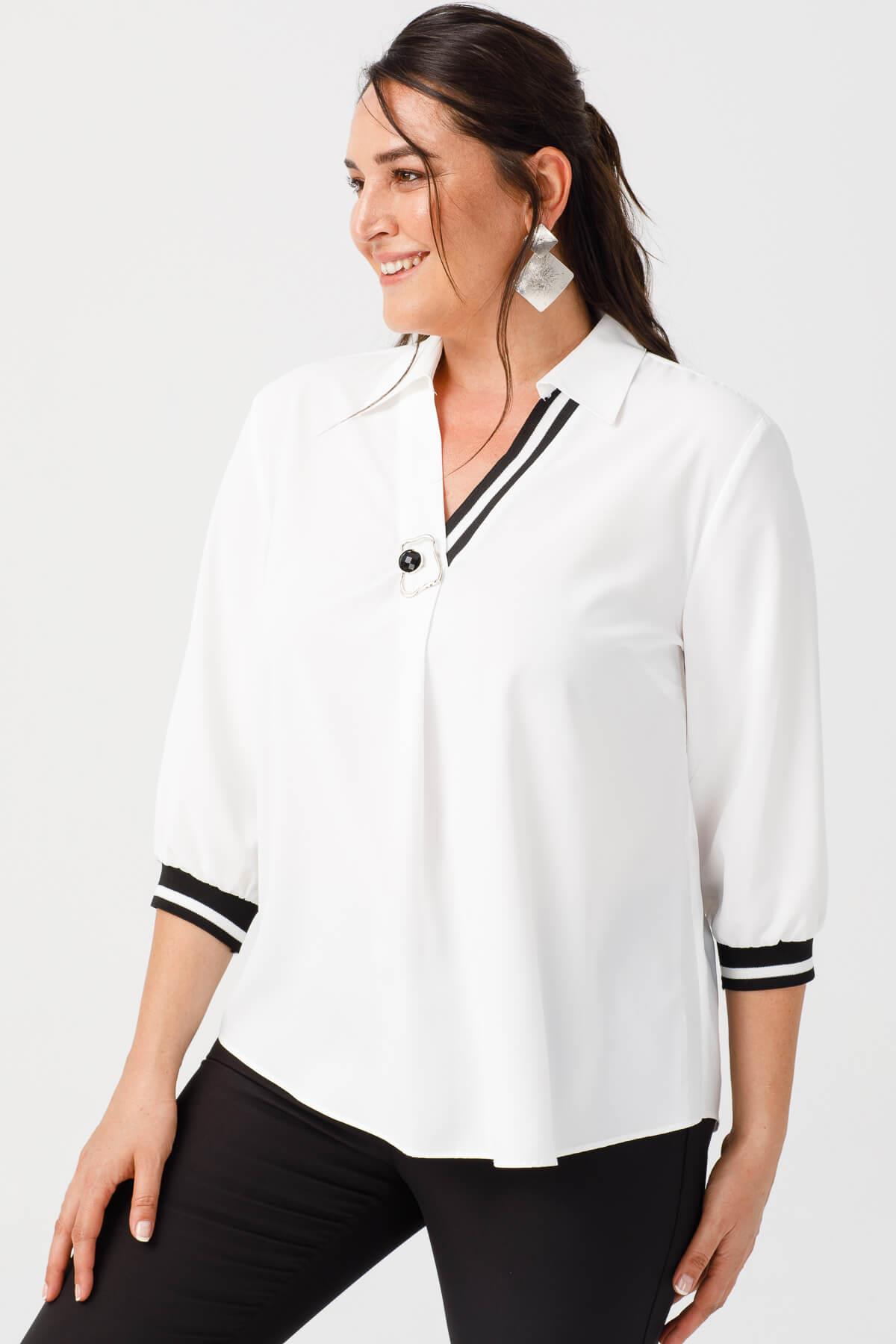 Modailgi  V Yaka Kolları Ribanalı Bluz Ekru