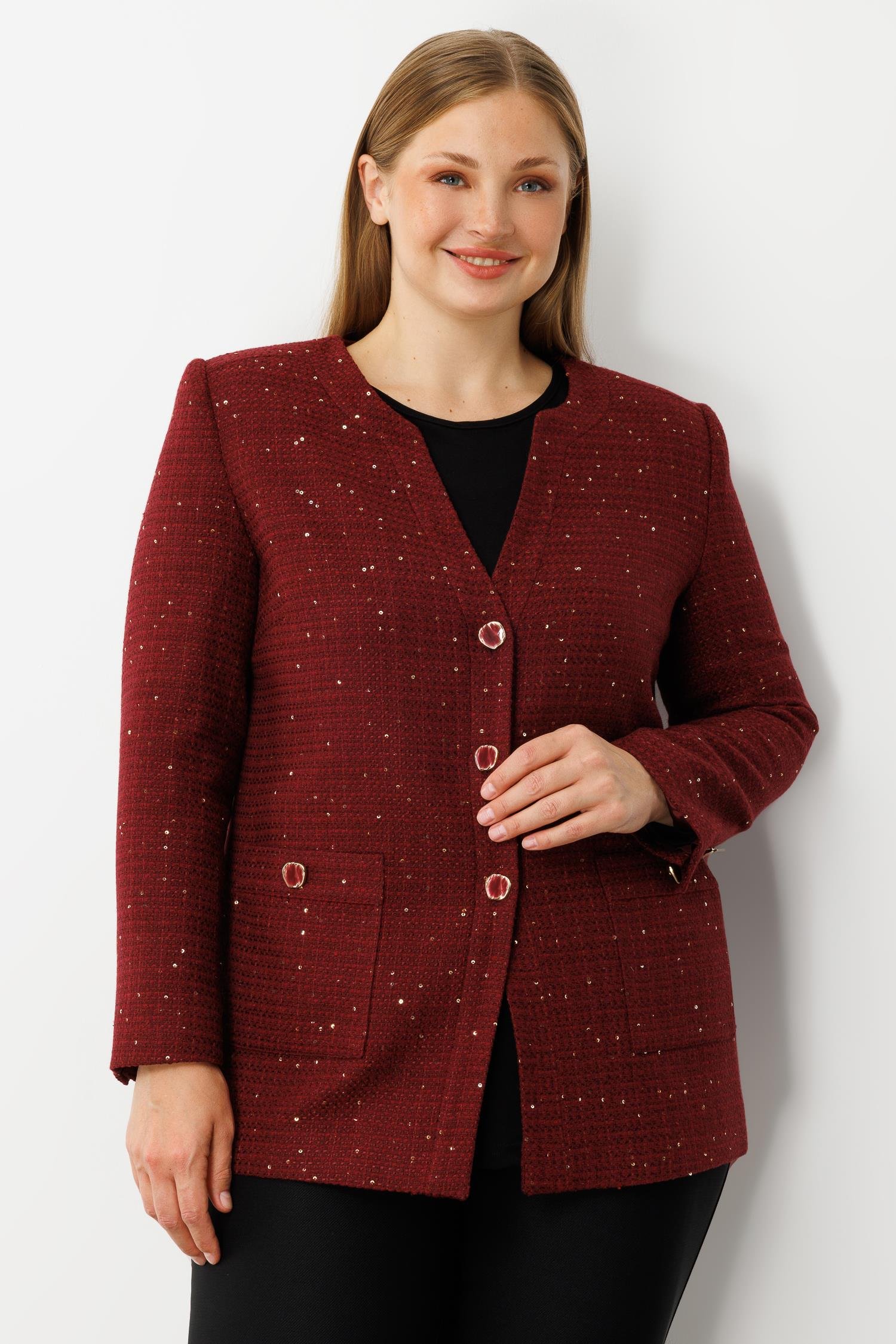 Modailgi  V Yaka Pullu Tüvit Kumaş Ceket Bordo