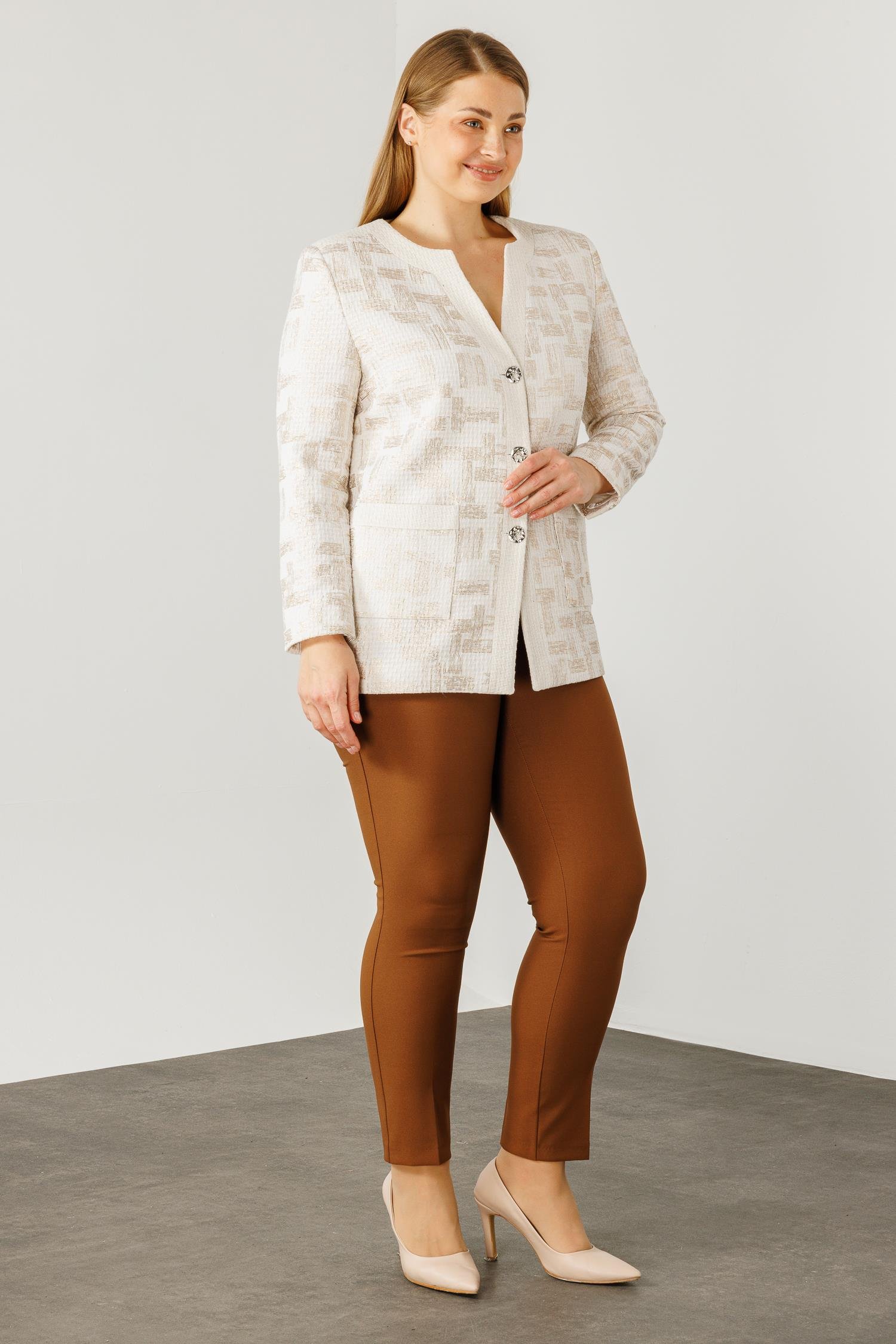 Modailgi  Varak Kumaşlı V Yaka Ceket Ekru