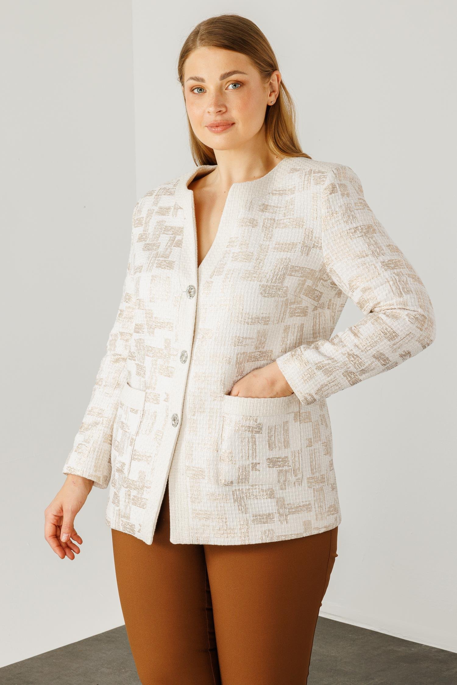 Modailgi  Varak Kumaşlı V Yaka Ceket Ekru