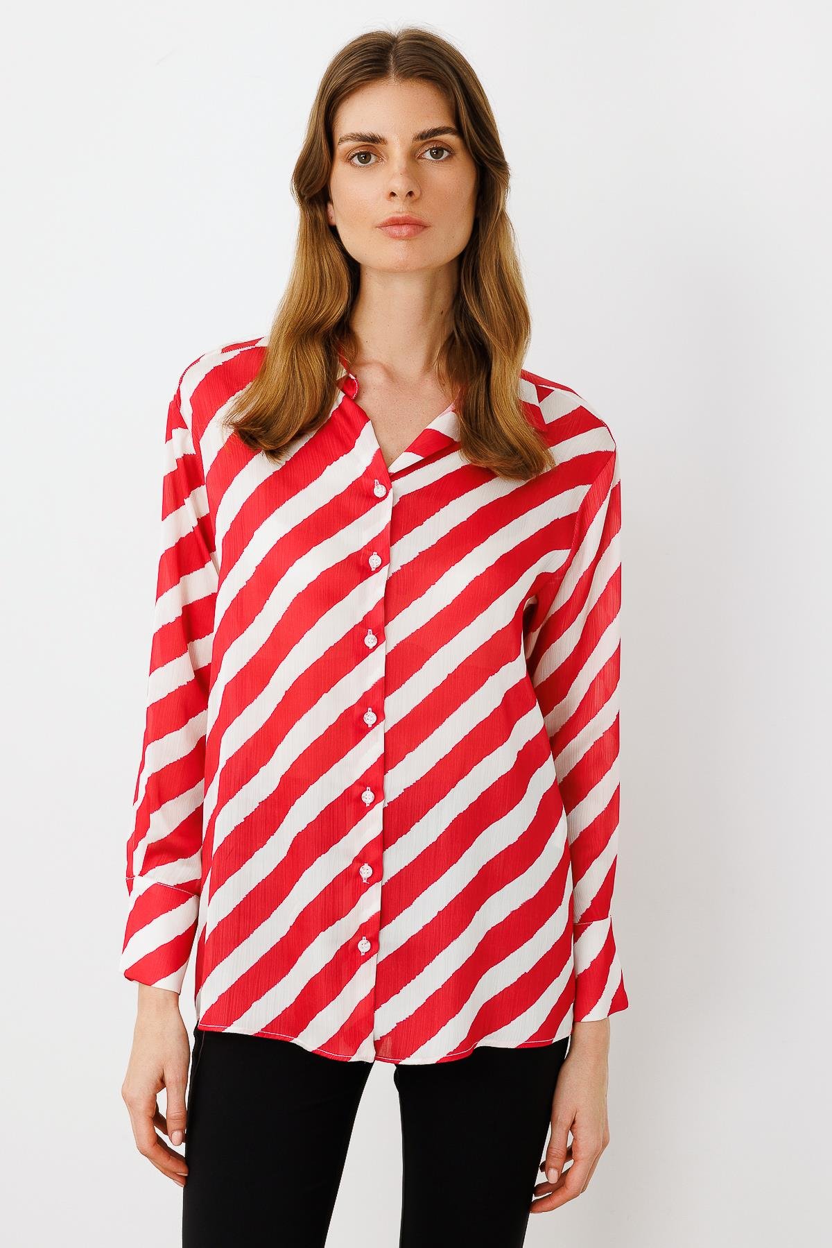 Modailgi  Verevli Klasik Saten Gömlek Kırmızı