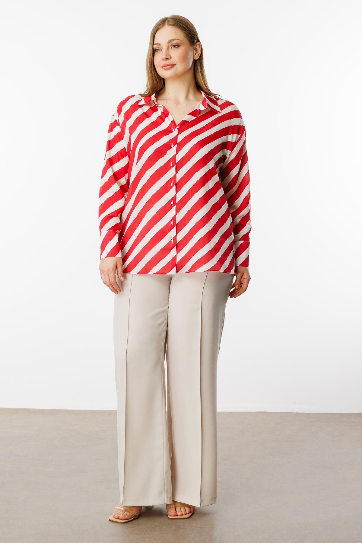 Modailgi  Verevli Klasik Saten Gömlek Kırmızı