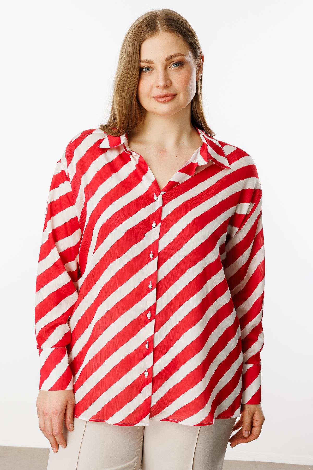 Modailgi  Verevli Klasik Saten Gömlek Kırmızı