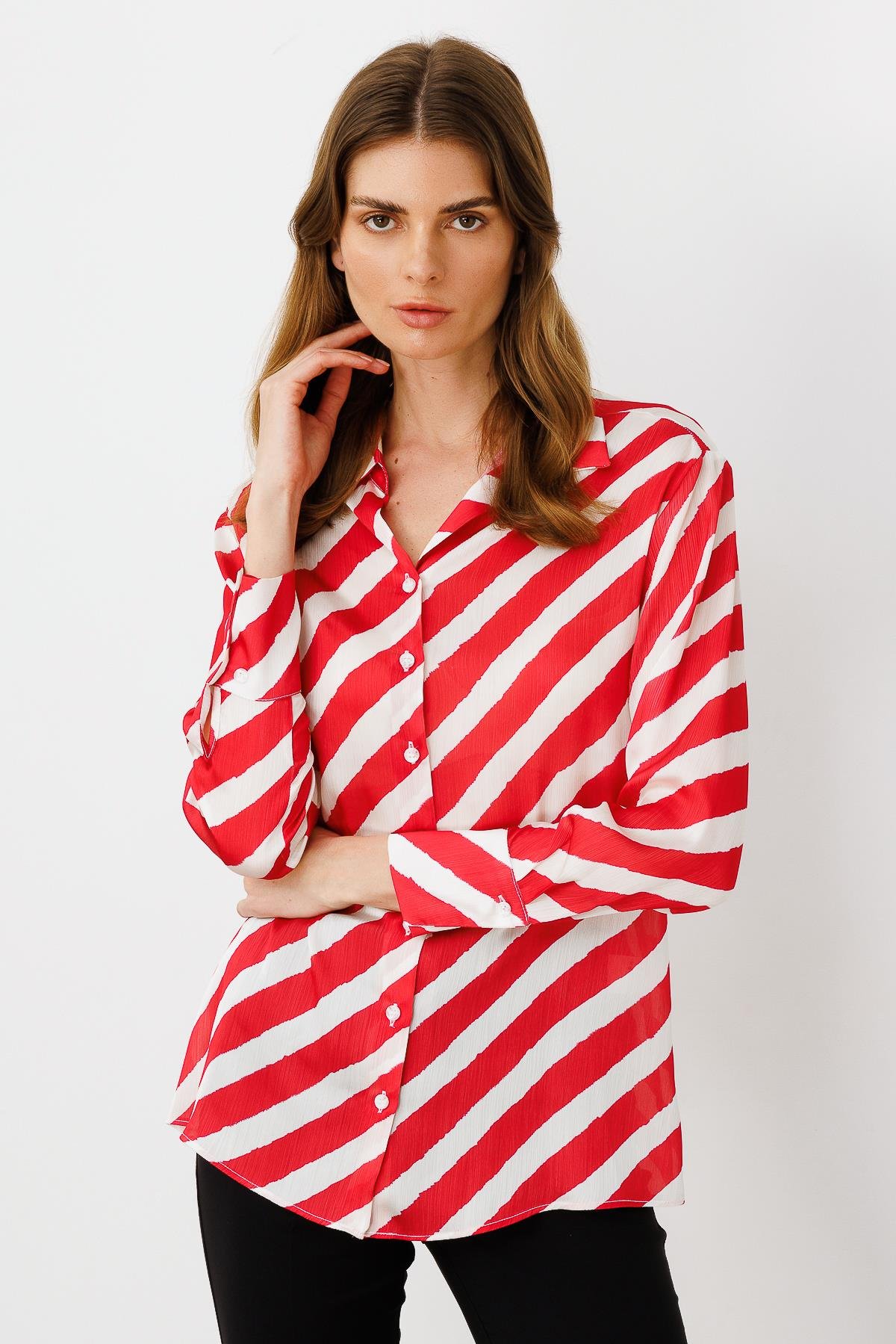 Modailgi  Verevli Klasik Saten Gömlek Kırmızı