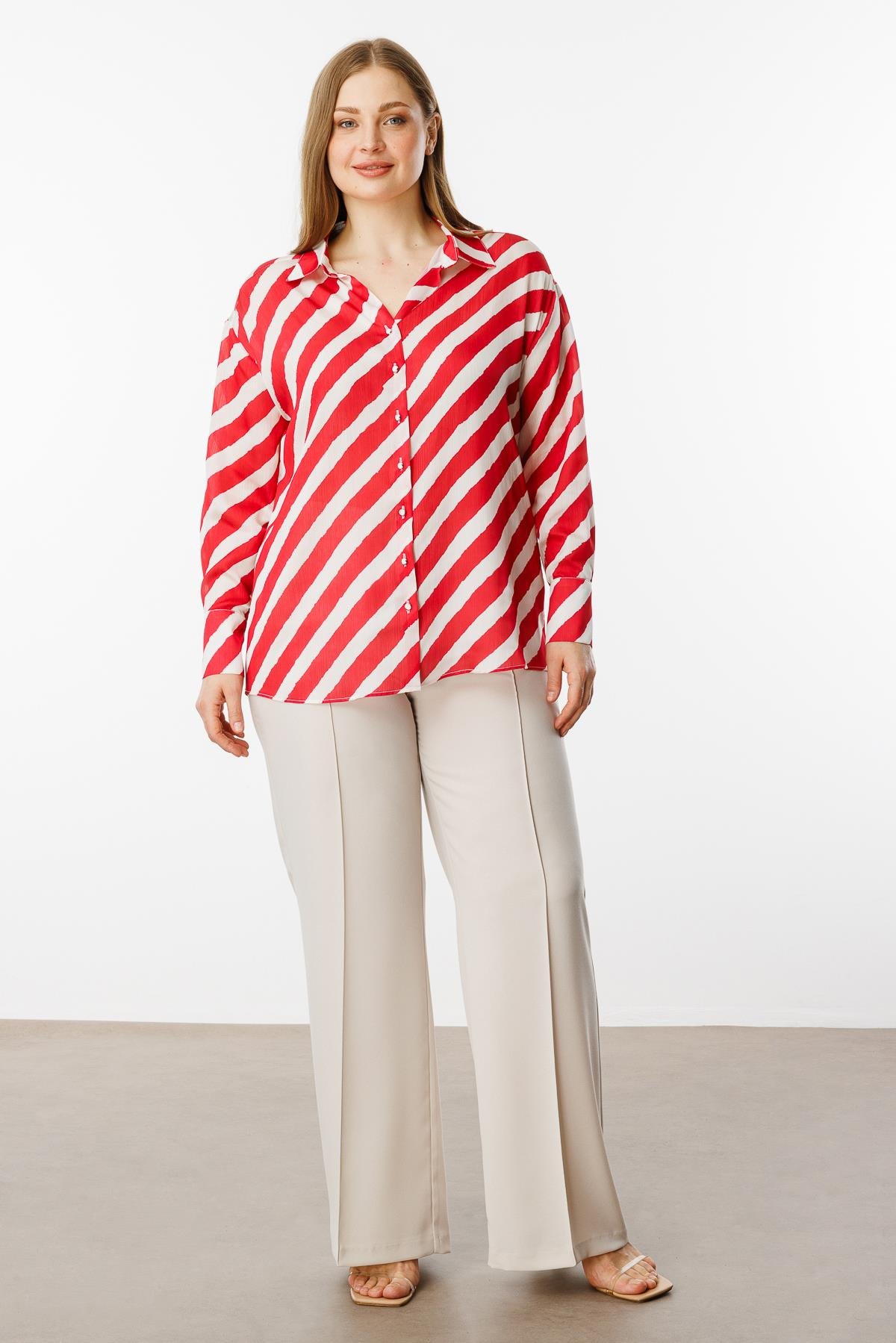 Modailgi  Verevli Klasik Saten Gömlek Kırmızı