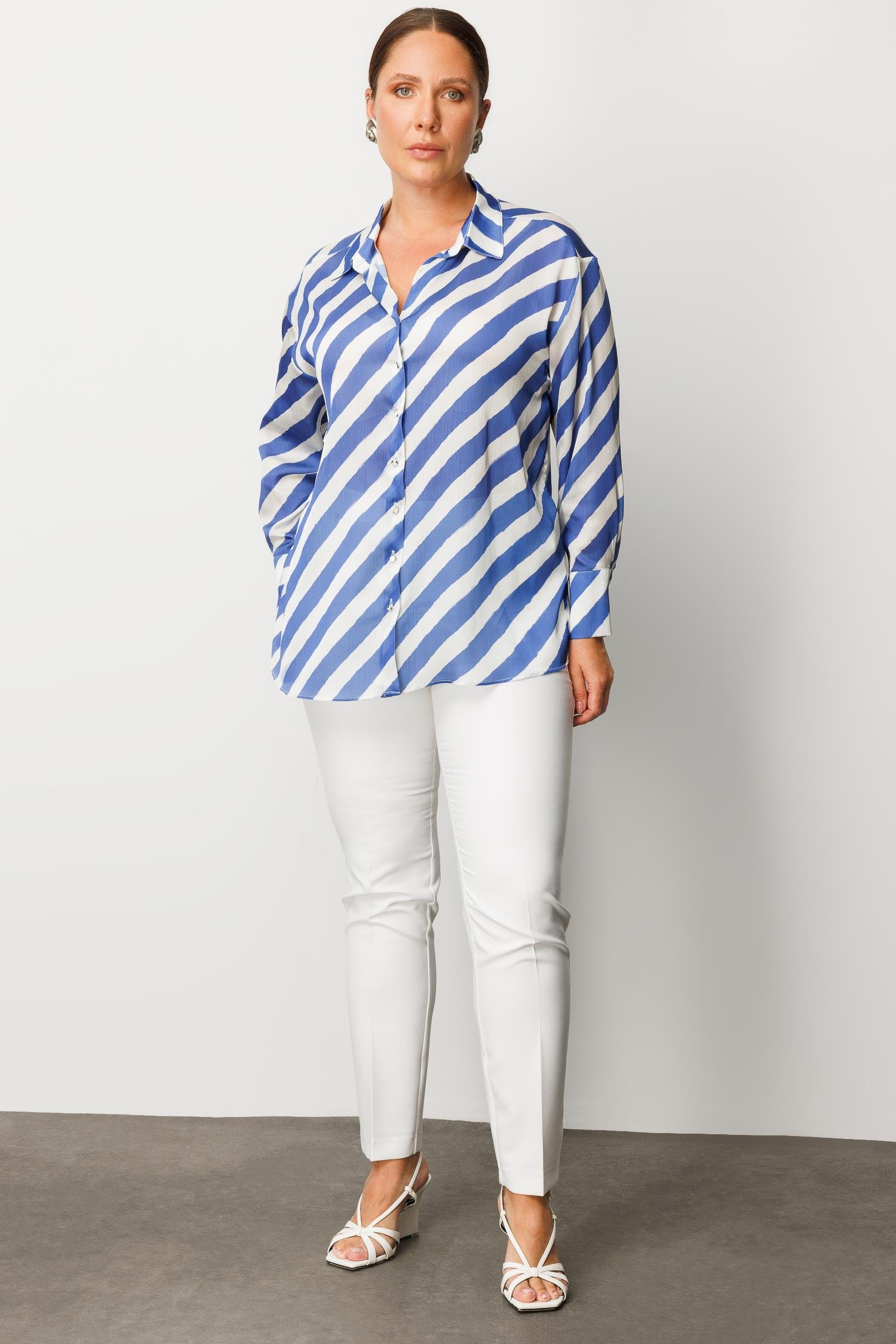 Modailgi  Verevli Klasik Saten Gömlek Saks