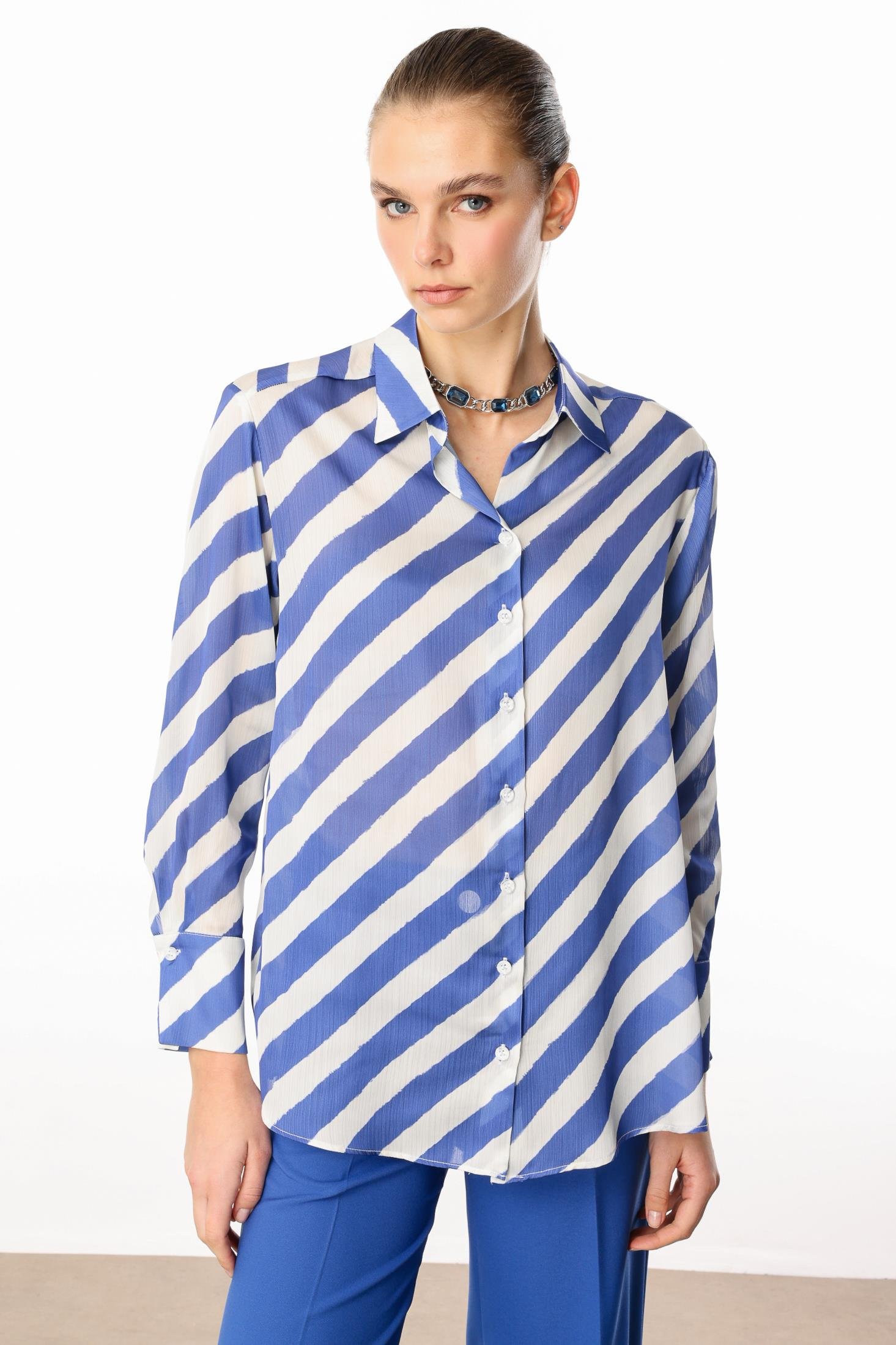 Modailgi  Verevli Klasik Saten Gömlek Saks