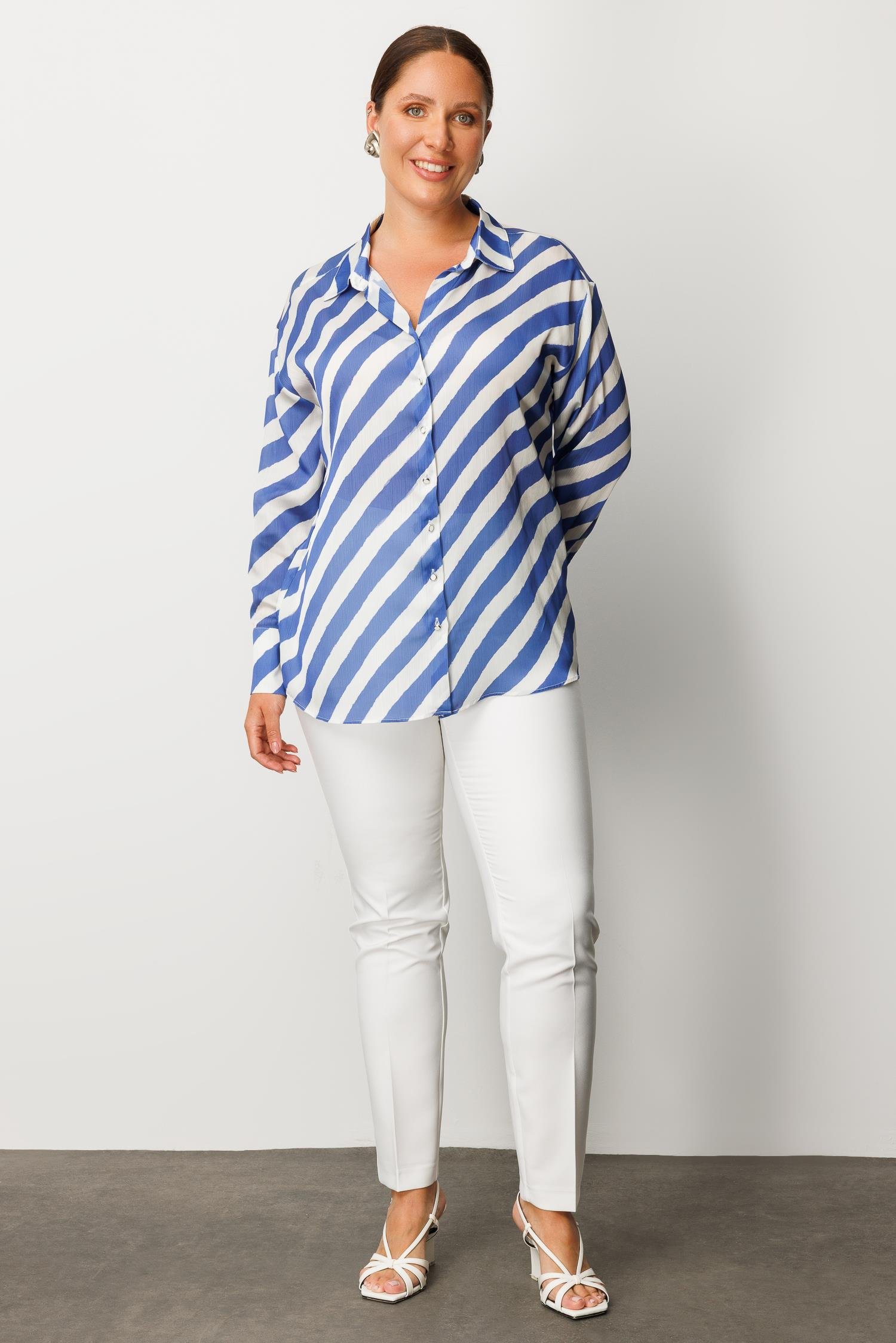 Modailgi  Verevli Klasik Saten Gömlek Saks