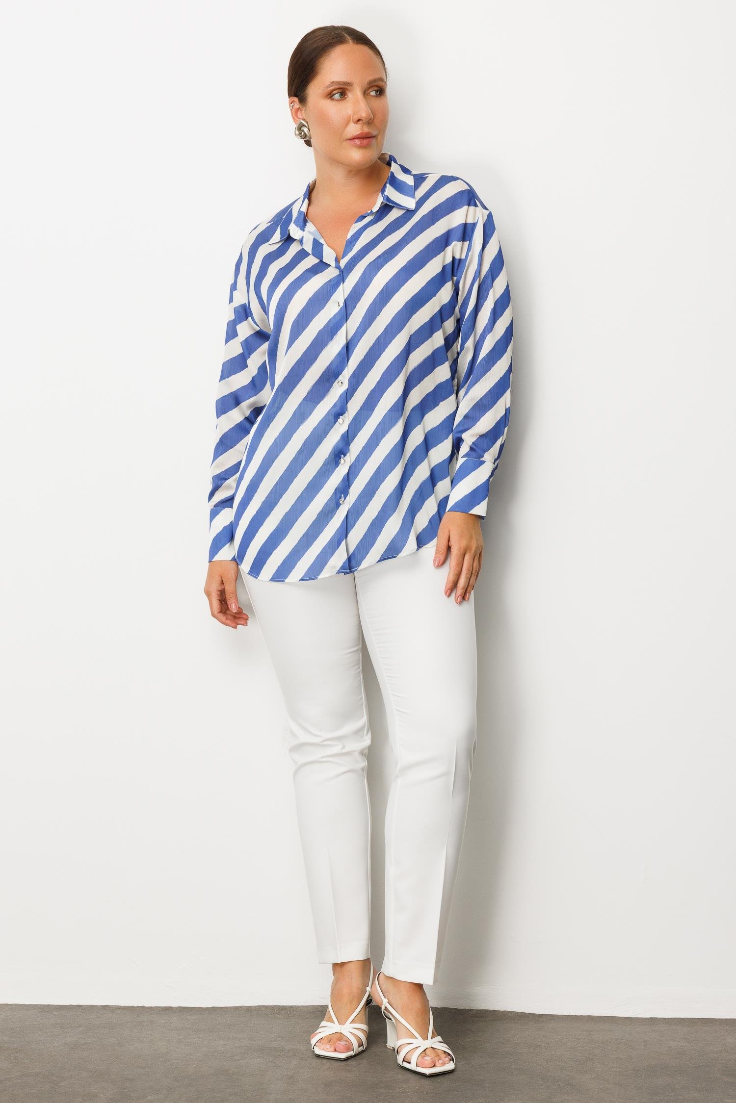 Modailgi  Verevli Klasik Saten Gömlek Saks